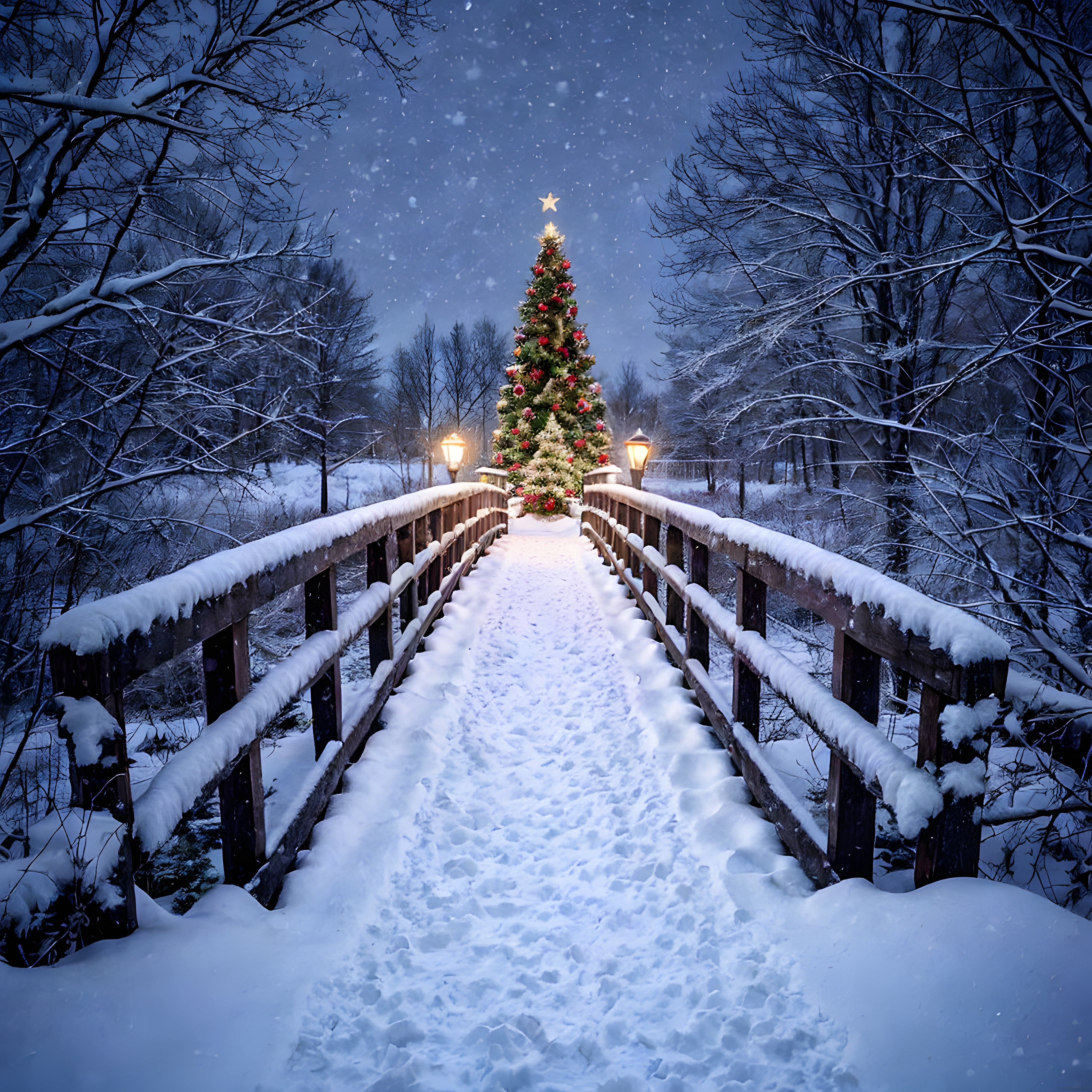 Karlı Ormanda Parlayan Noel Ağacı ve Tarihi Ahşap Köprü Kış Manzarası