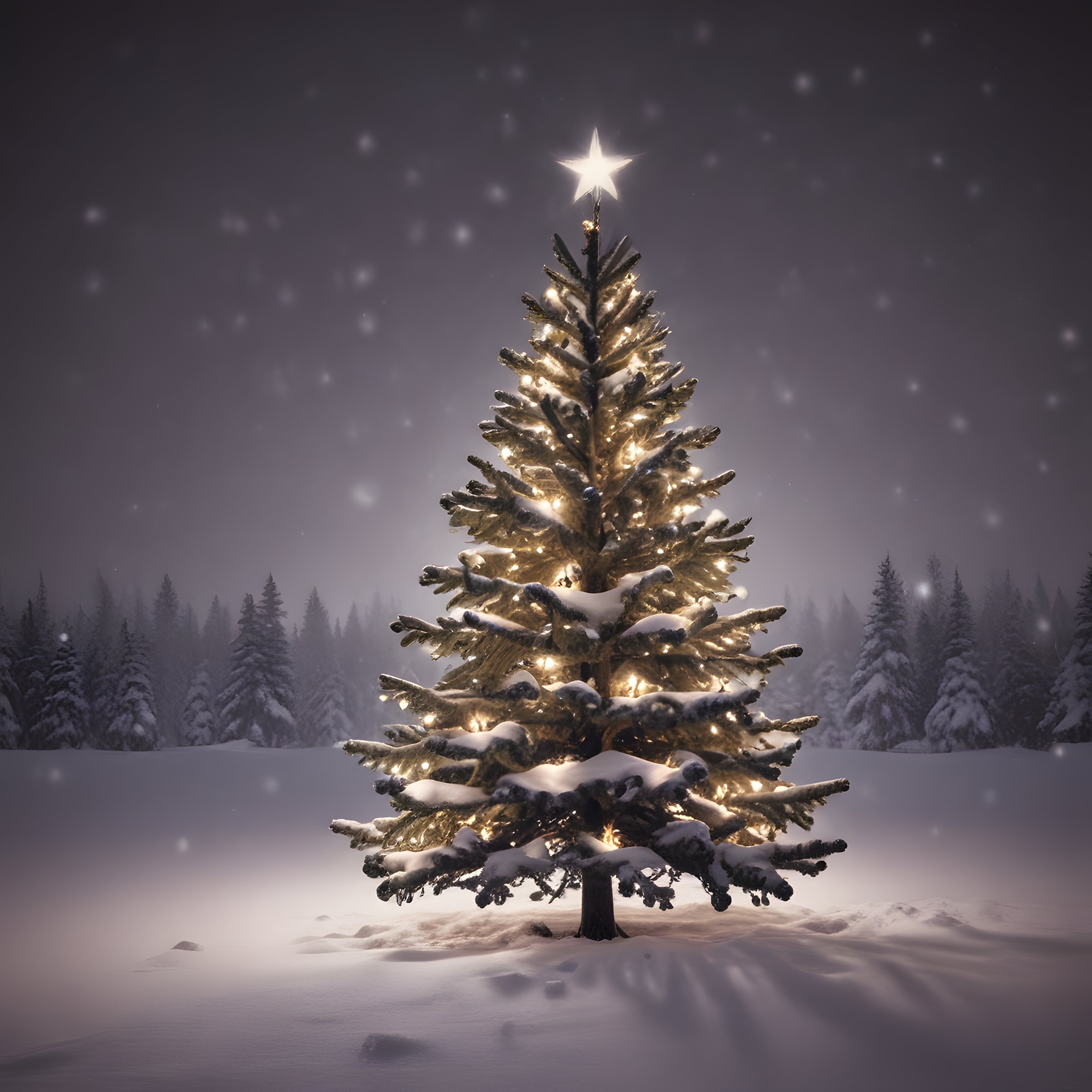 Karlı Ormanda Parlayan Yıldızlı Noel Çam Ağacı ve Sihirli Kış Gecesi