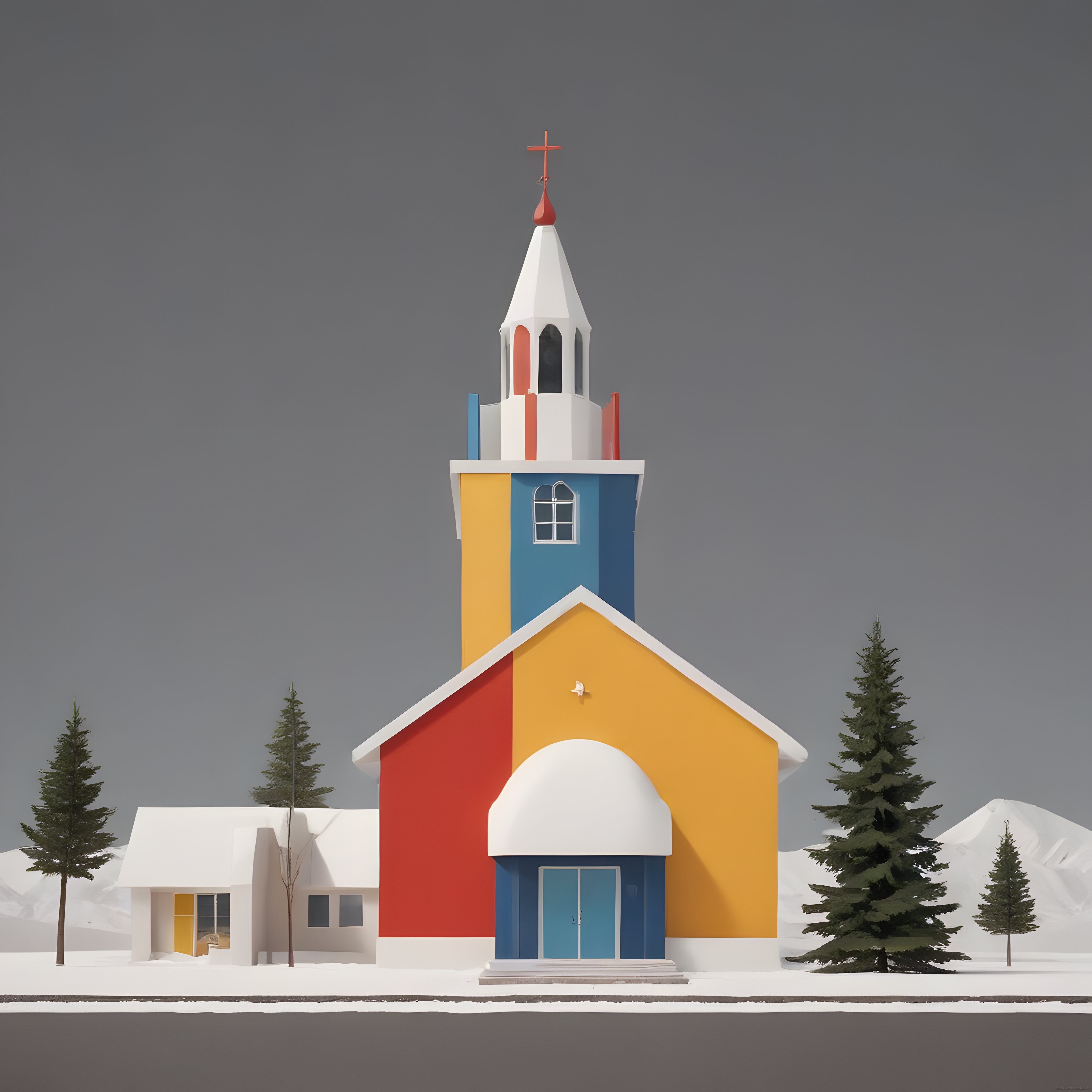 Karlı Ormanda Renkli Modern Kilise ve Minimalist Mimarinin Uyumu