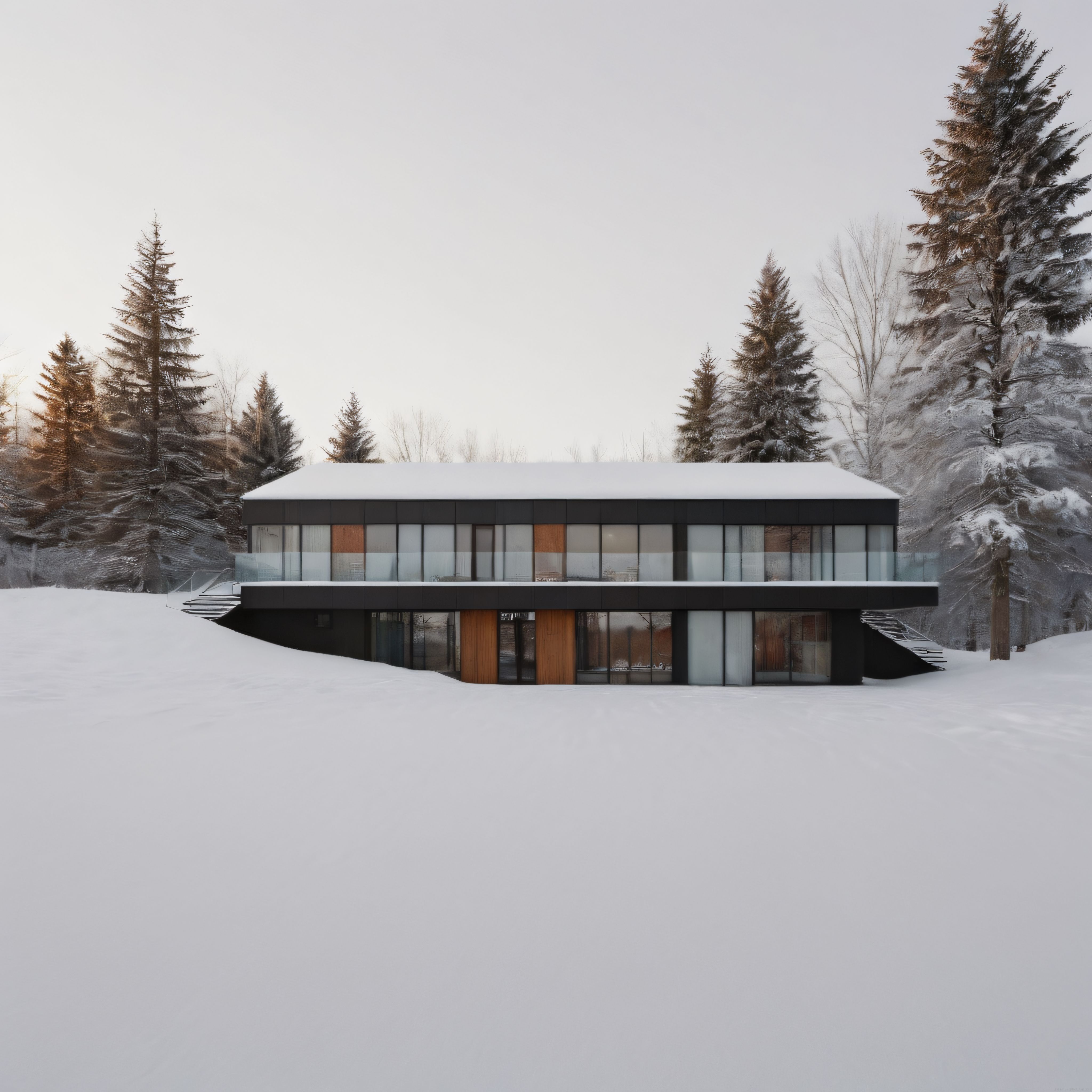 Karlı Ormanda Sessizlik: Modern Cam ve Ahşap Villa Mimarisi