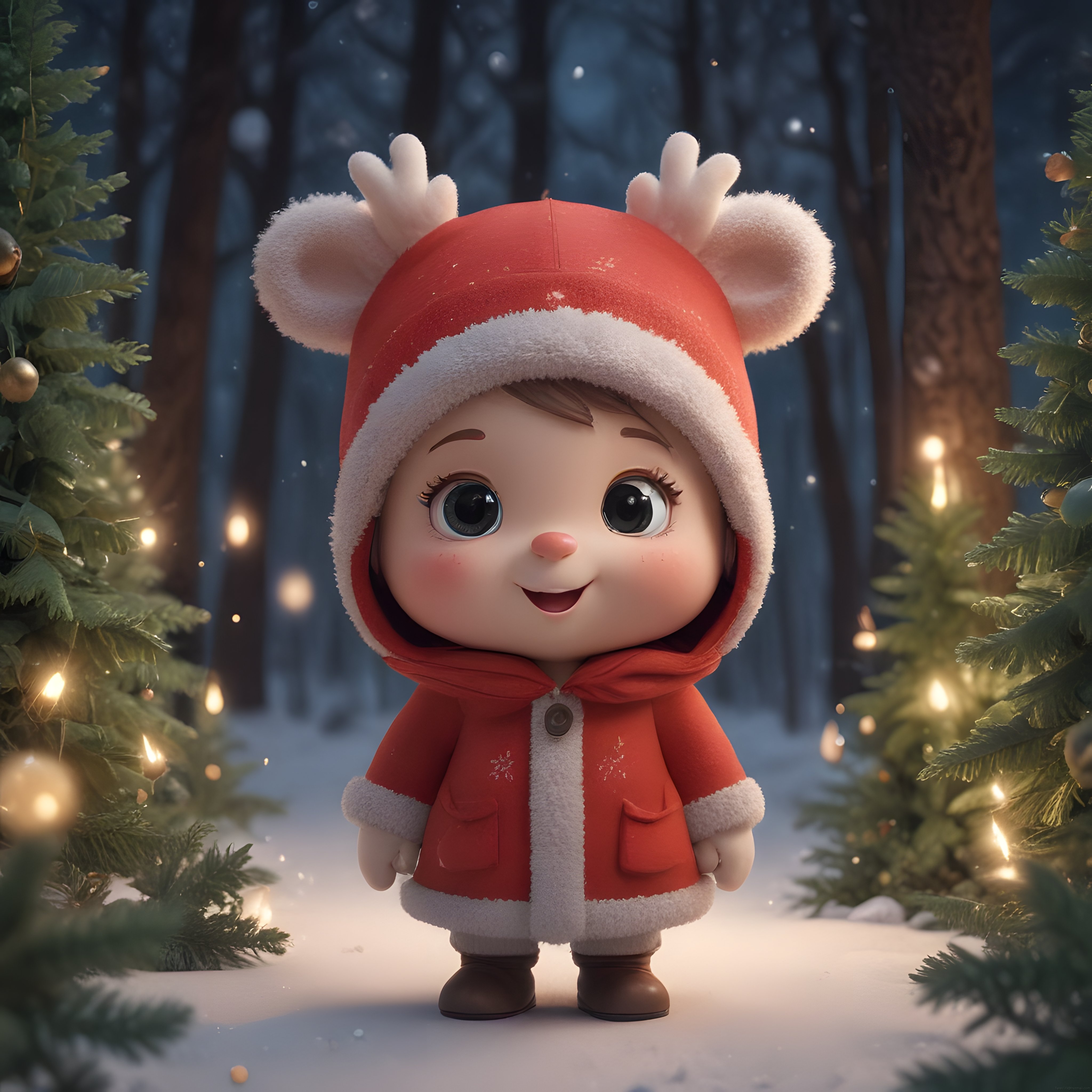 Karlı Ormanda Sevimli Geyik Boynuzlu Şapkalı Noel Çocuğu ve Işıklı Çam Ağaçları