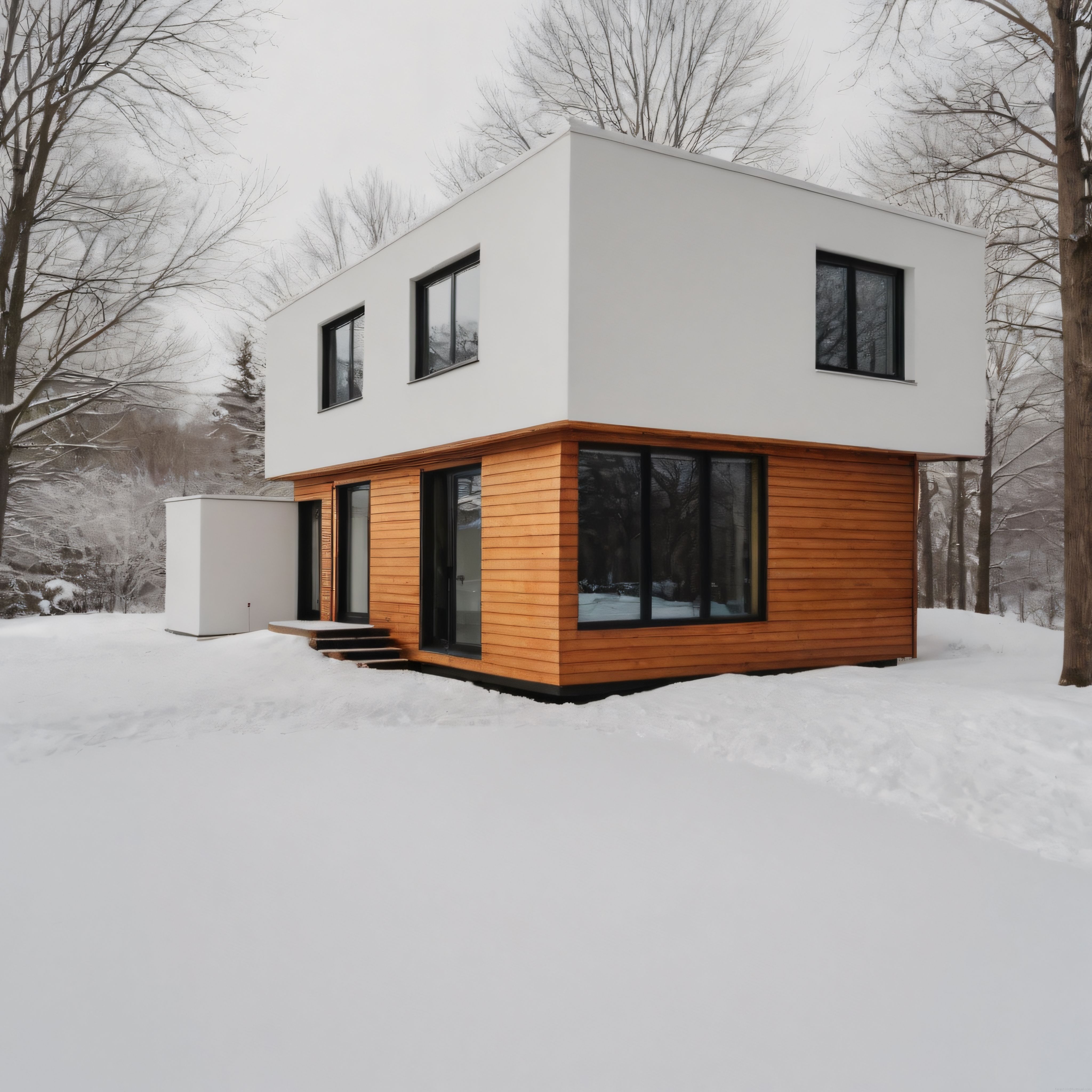 Karlı Ormanda Sıcak Ahşap Detaylı Modern Minimalist Ev Tasarımı Örneği