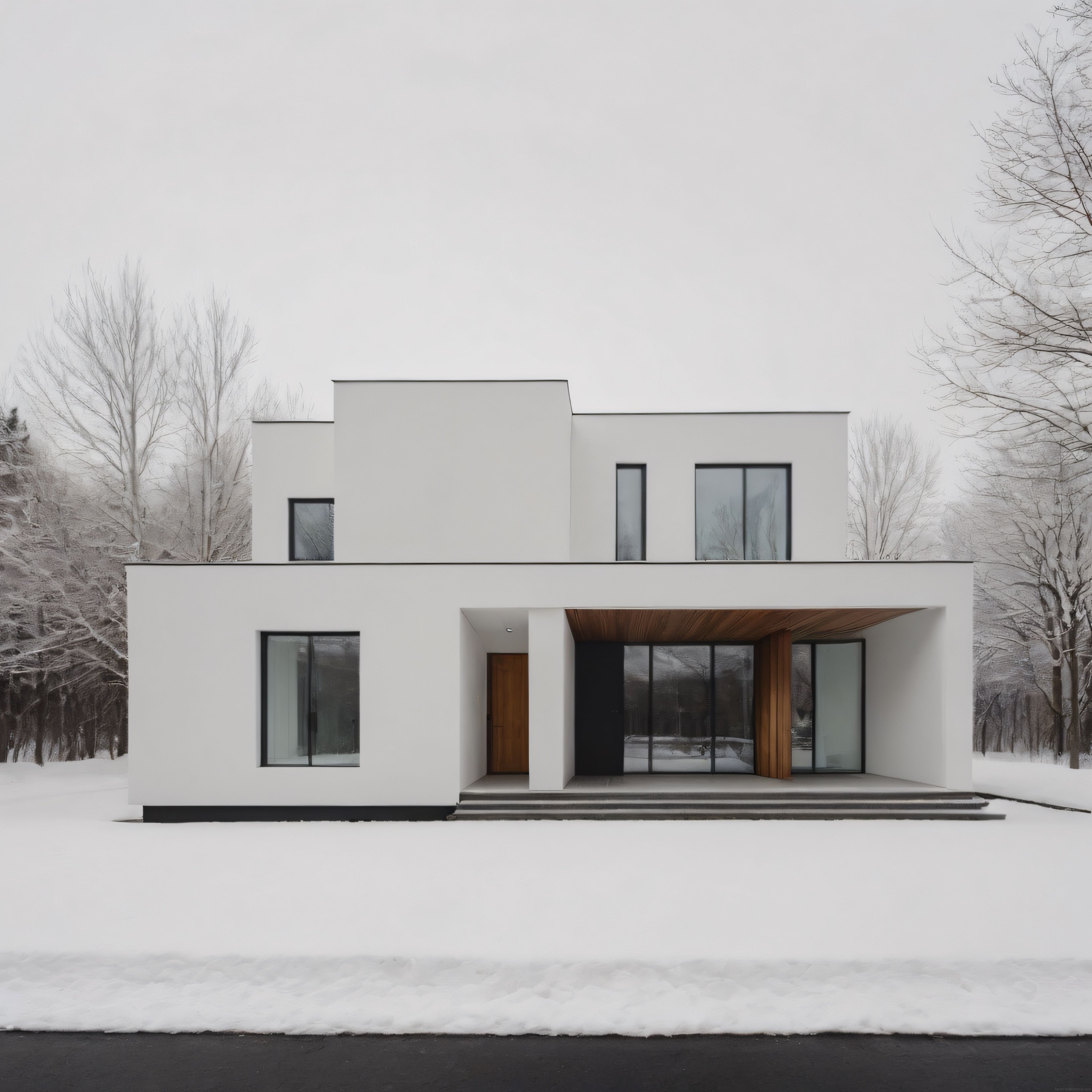 Karlı Ormanda Sıra Dışı Modern Ev: Minimalist Beyaz Cephe ve Geniş Pencereler