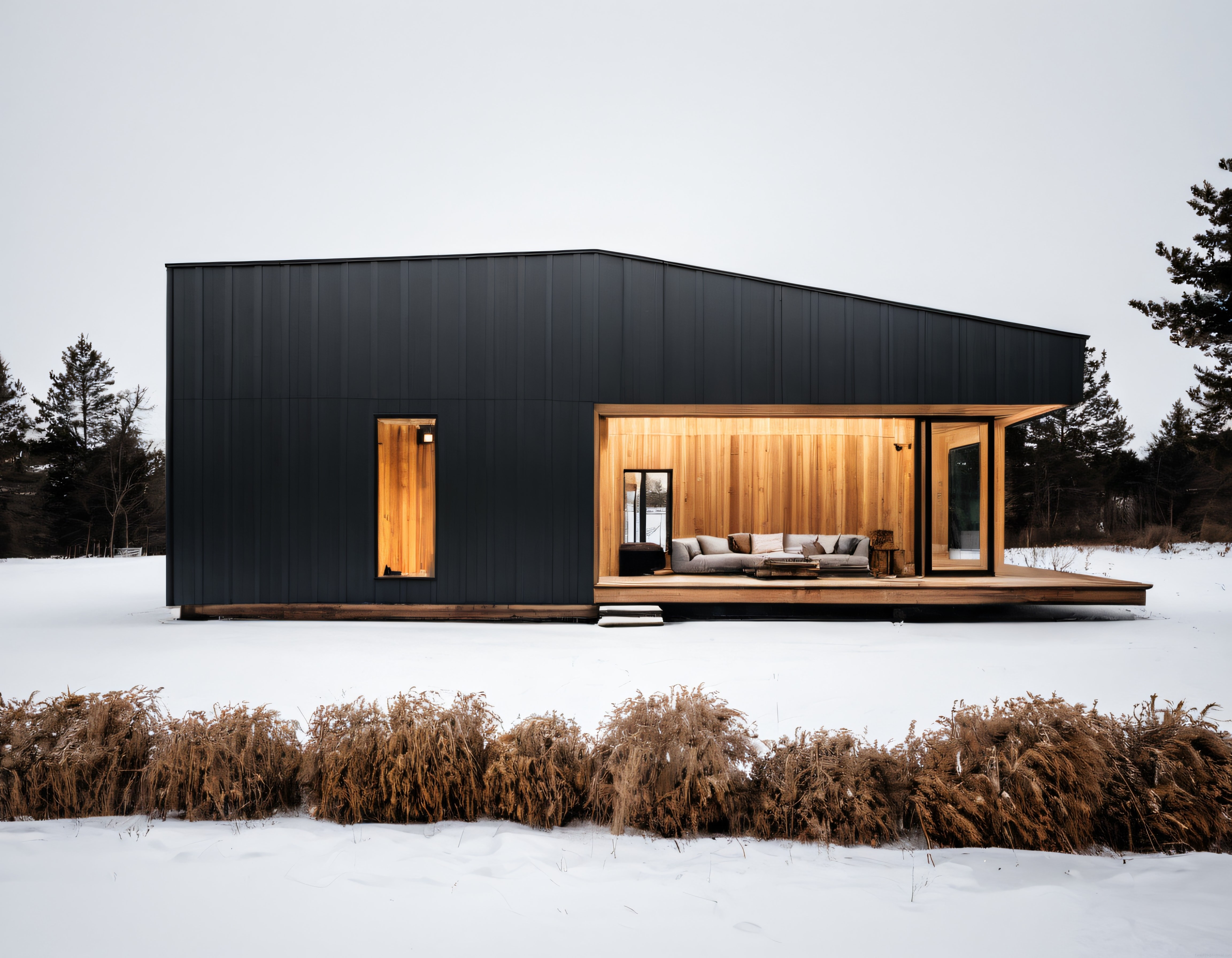 Karlı Ormanda Siyah Cepheli Modern Minimalist Kulübe Evi ve Sıcak Atmosferi