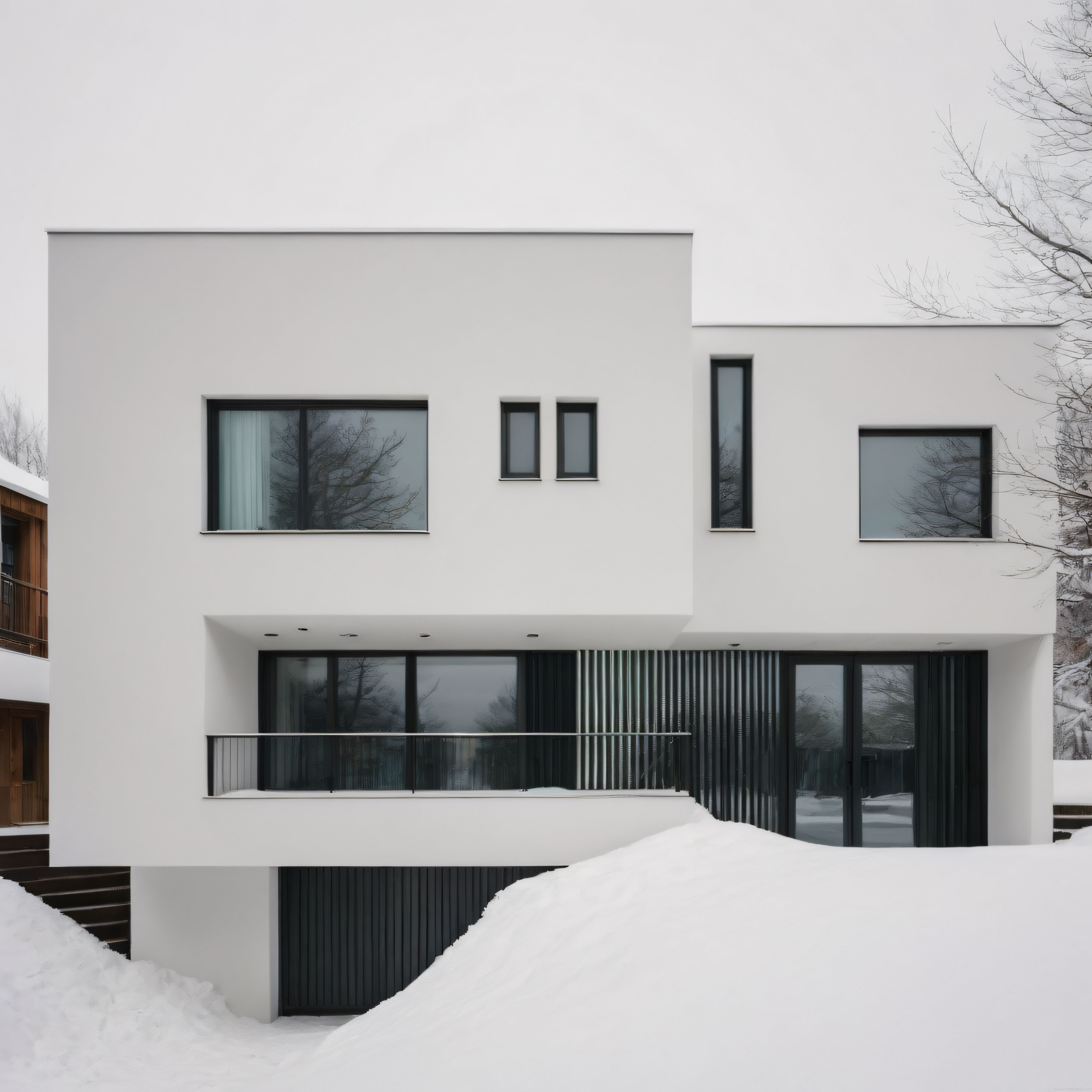 Karlı Ormanda Siyah Pencereli Modern Beyaz Villa ve Mimari Çizgiler