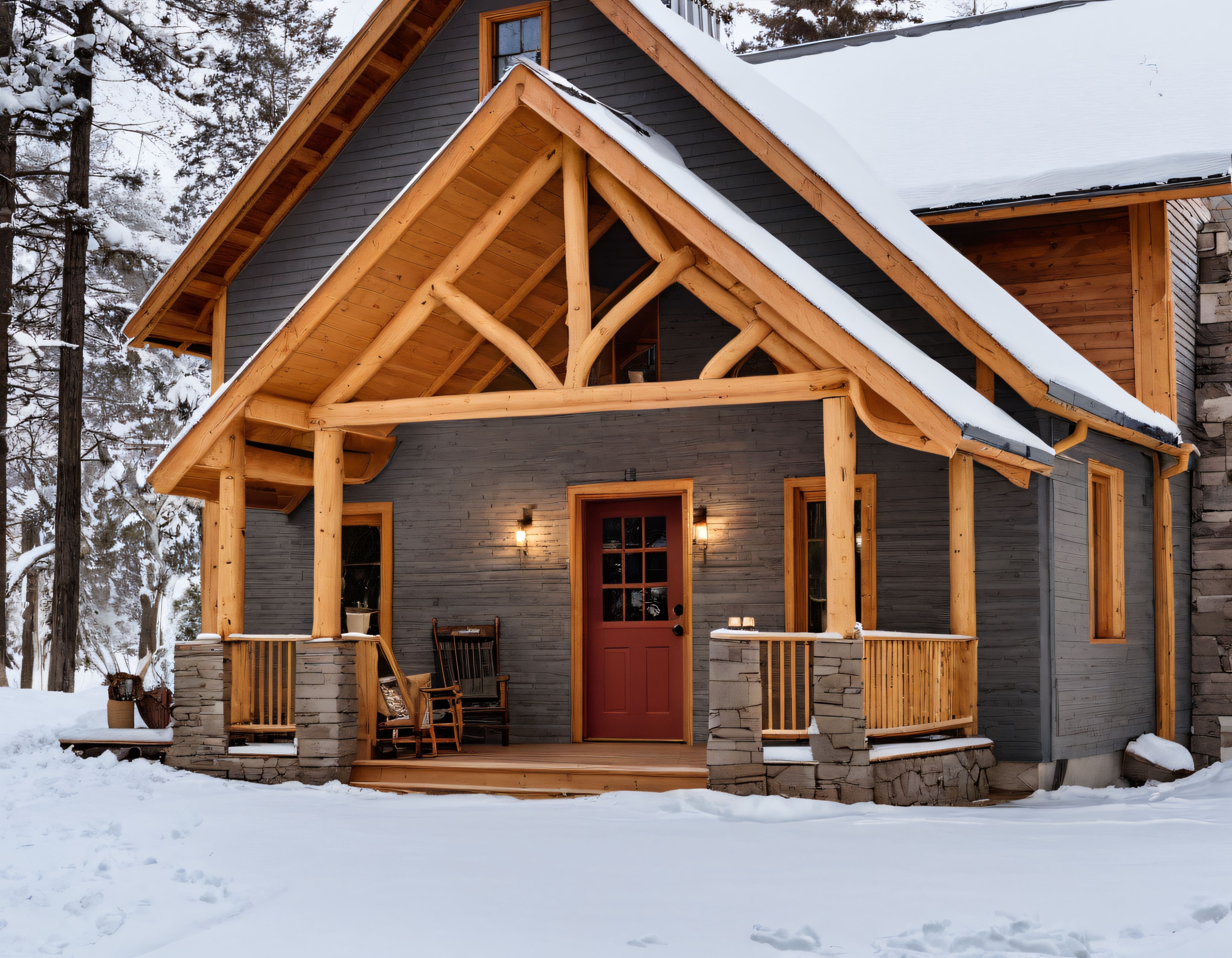 Karlı Ormanda Timber Frame Detaylı Sıcacık Bir Dağ Evi Cephesi