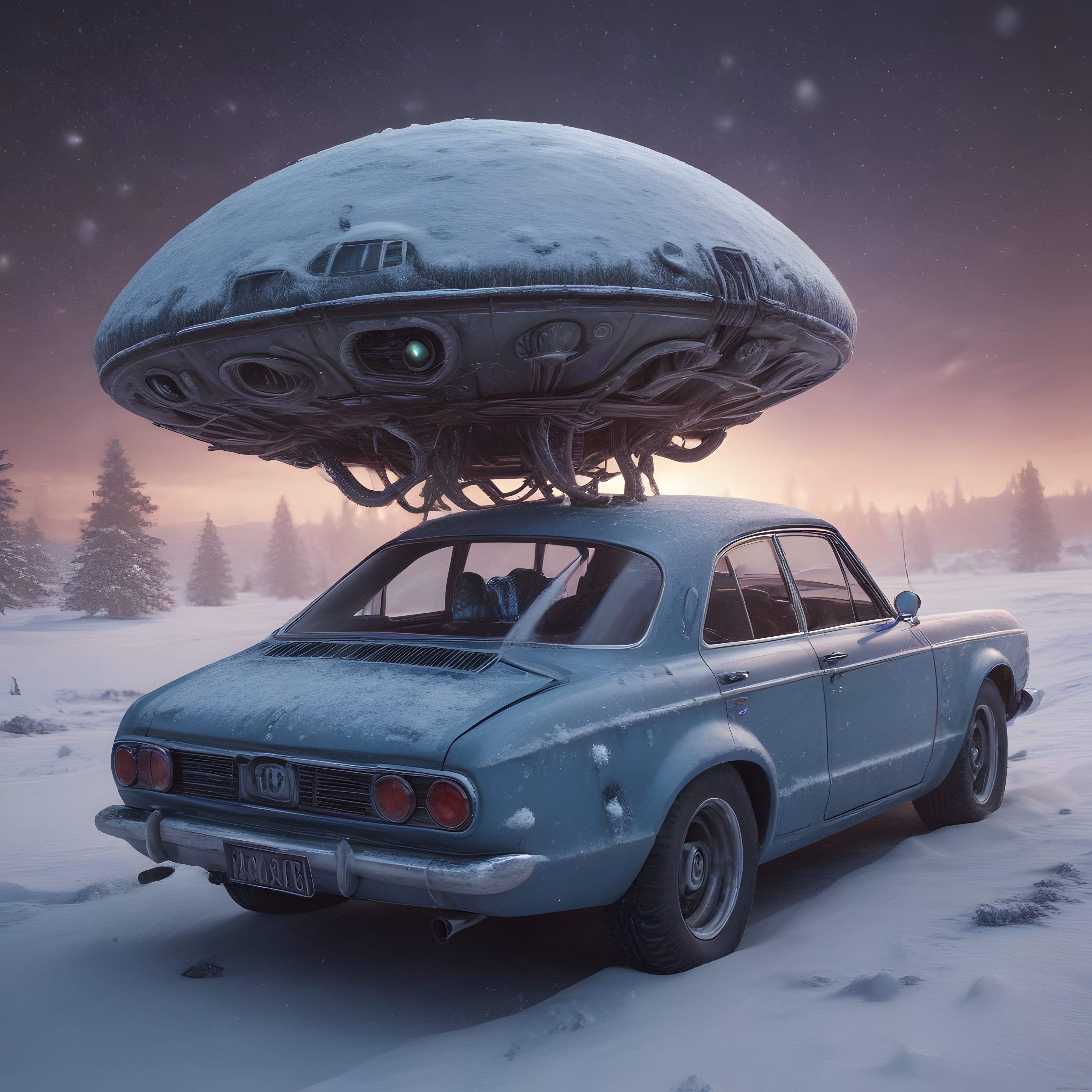 Karlı Ormanda UFO ile Mavi Klasik Arabanın Gizemli ve Büyüleyici Karşılaşması