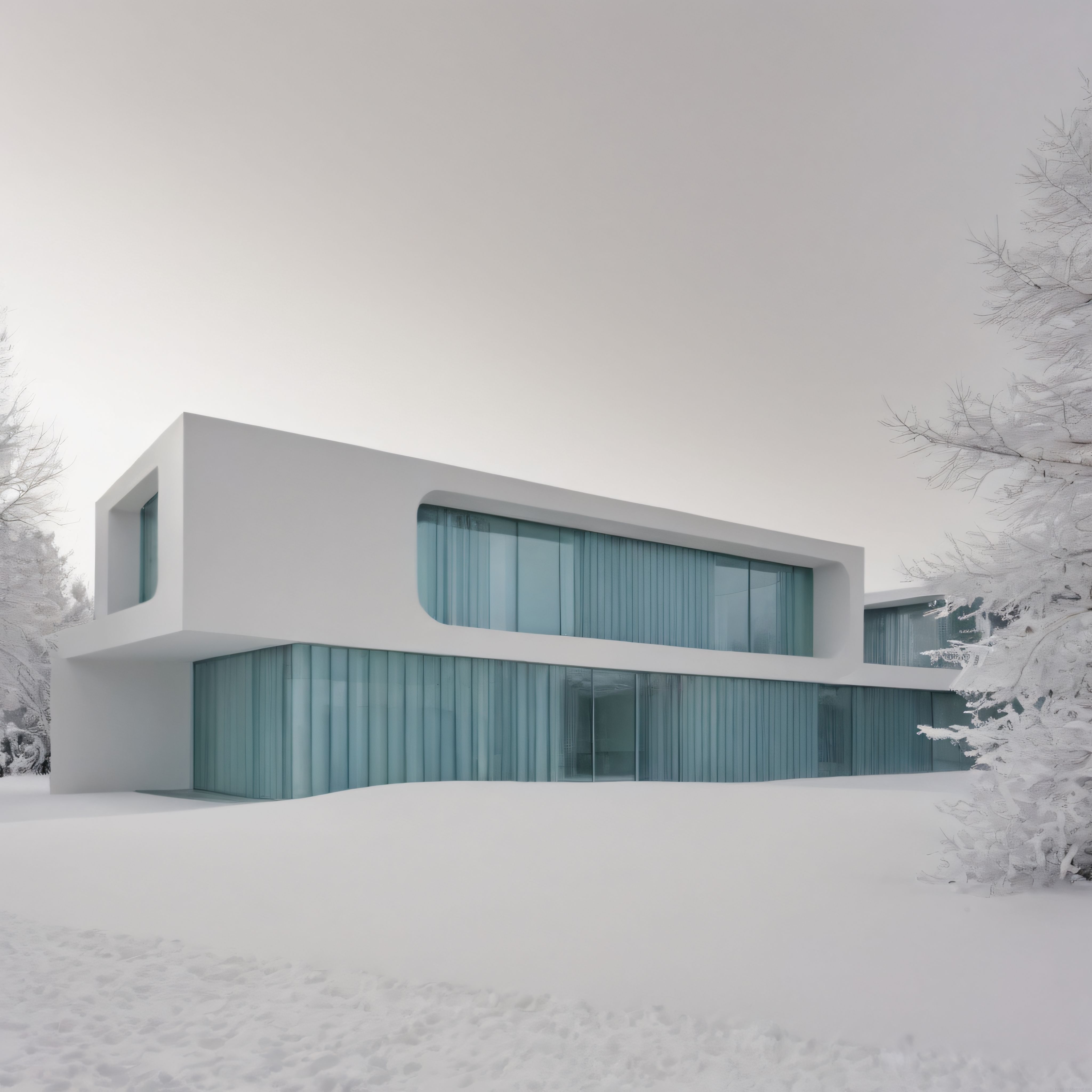 Karlı Ormanda Yer Alan Beyaz ve Sade Çizgilere Sahip Modern Mimari Villa