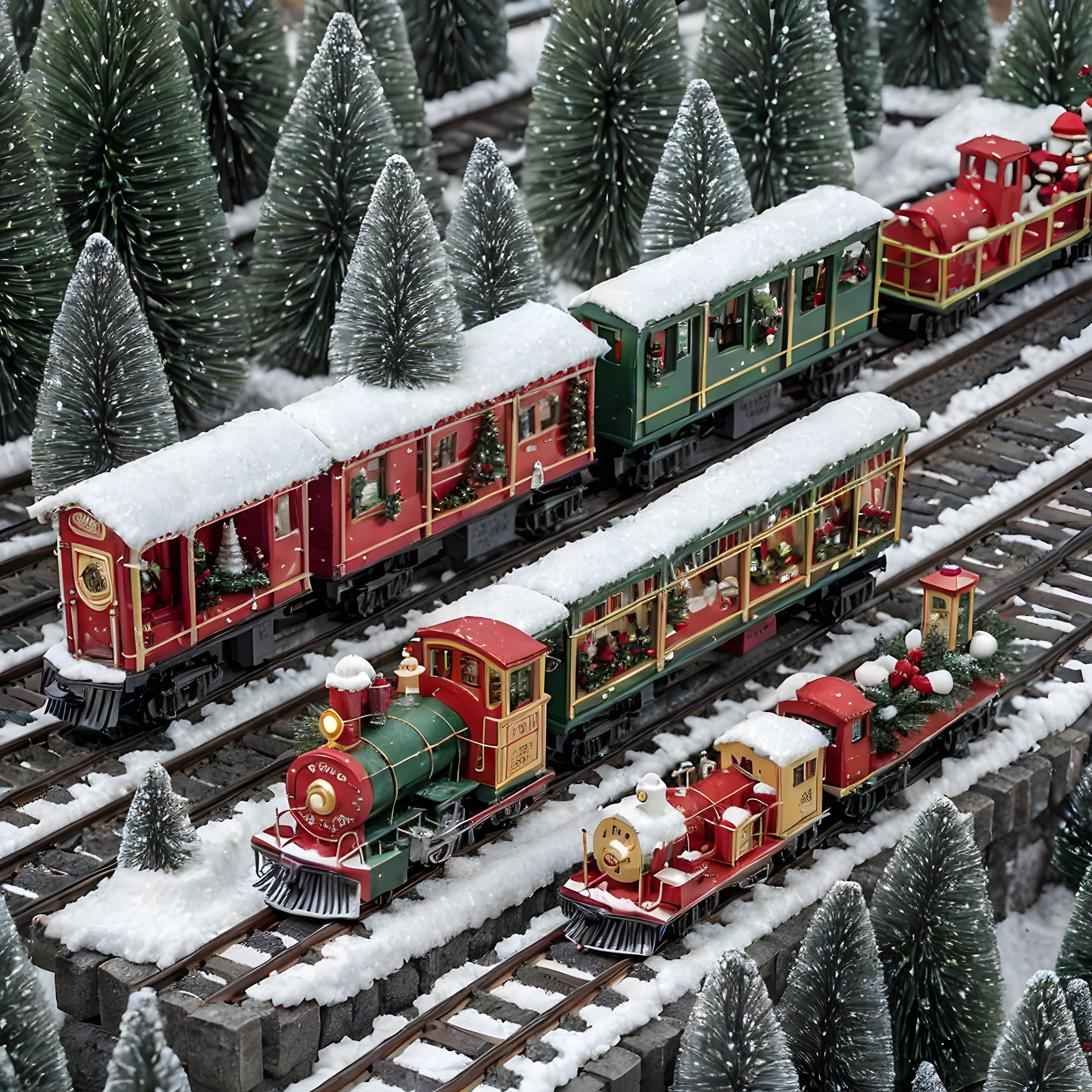 Karlı Ormanda Yürüyen Noel Temalı Minyatür Trenler ve Yılbaşı Süslemeleri