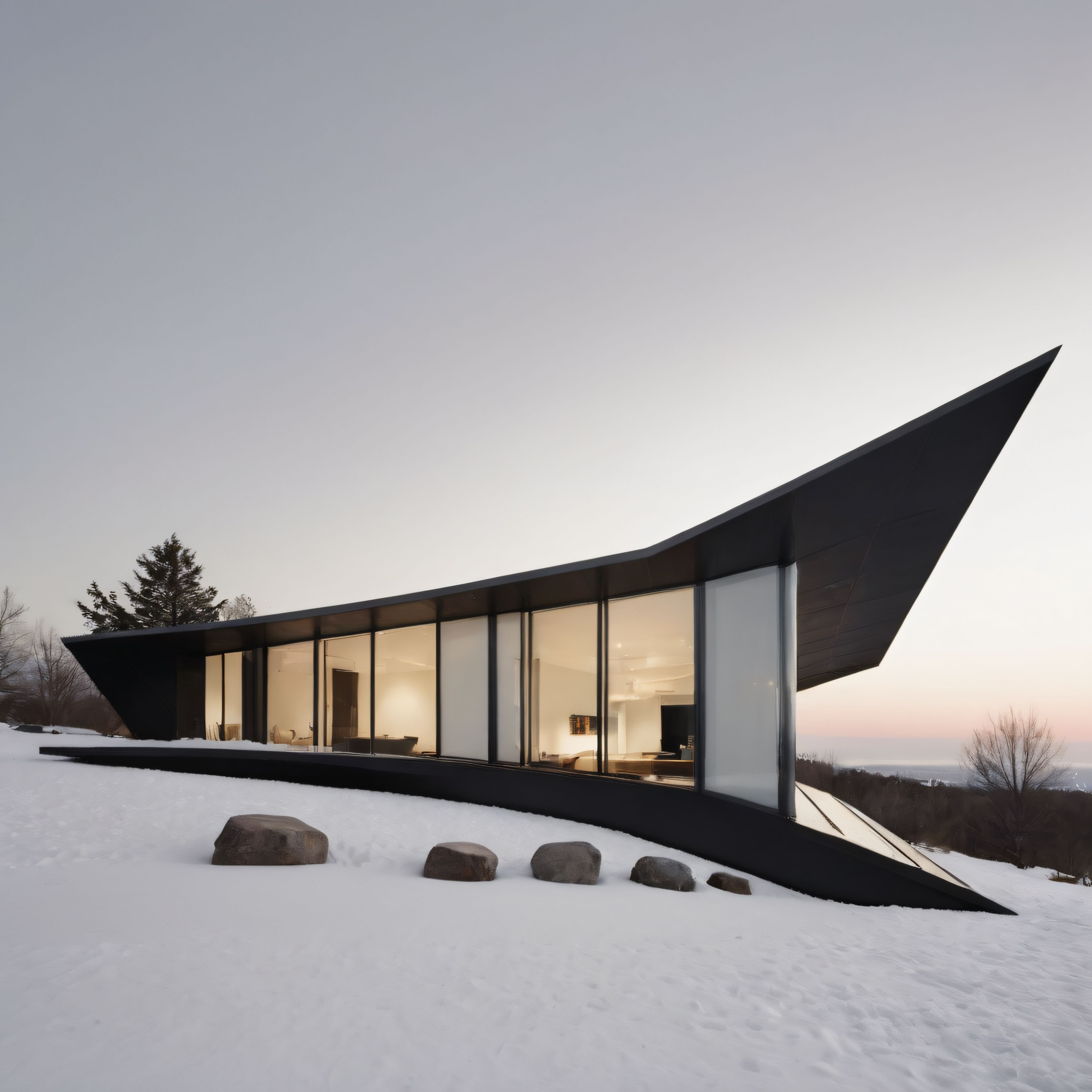 Karlı Ormanın Eşiğinde Asimetrik Çatılı Modern Cam ve Çelik Villa