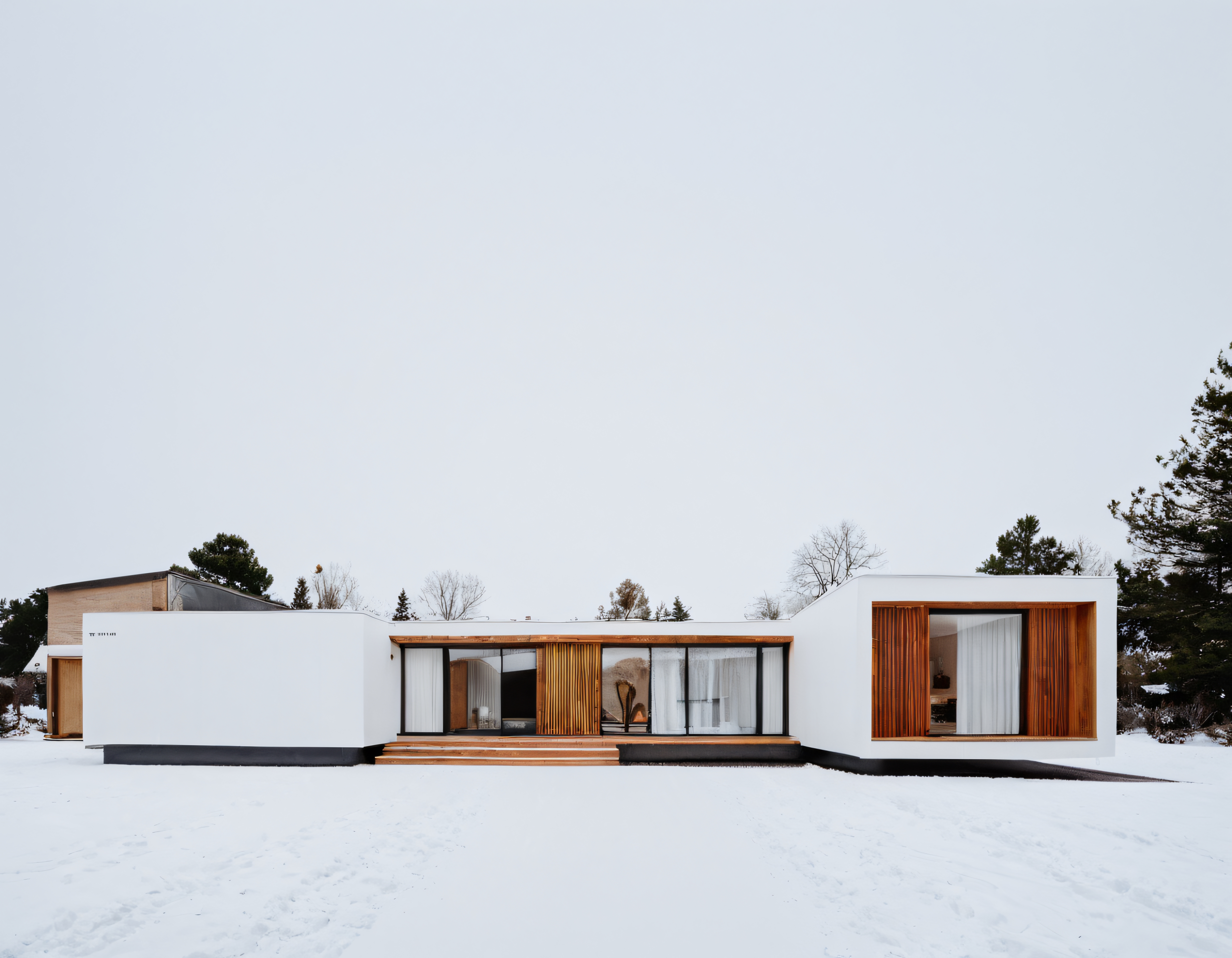 Karlı Ormanın İçinde Ahşap ve Beyaz Renkli Modern Minimalist Ev