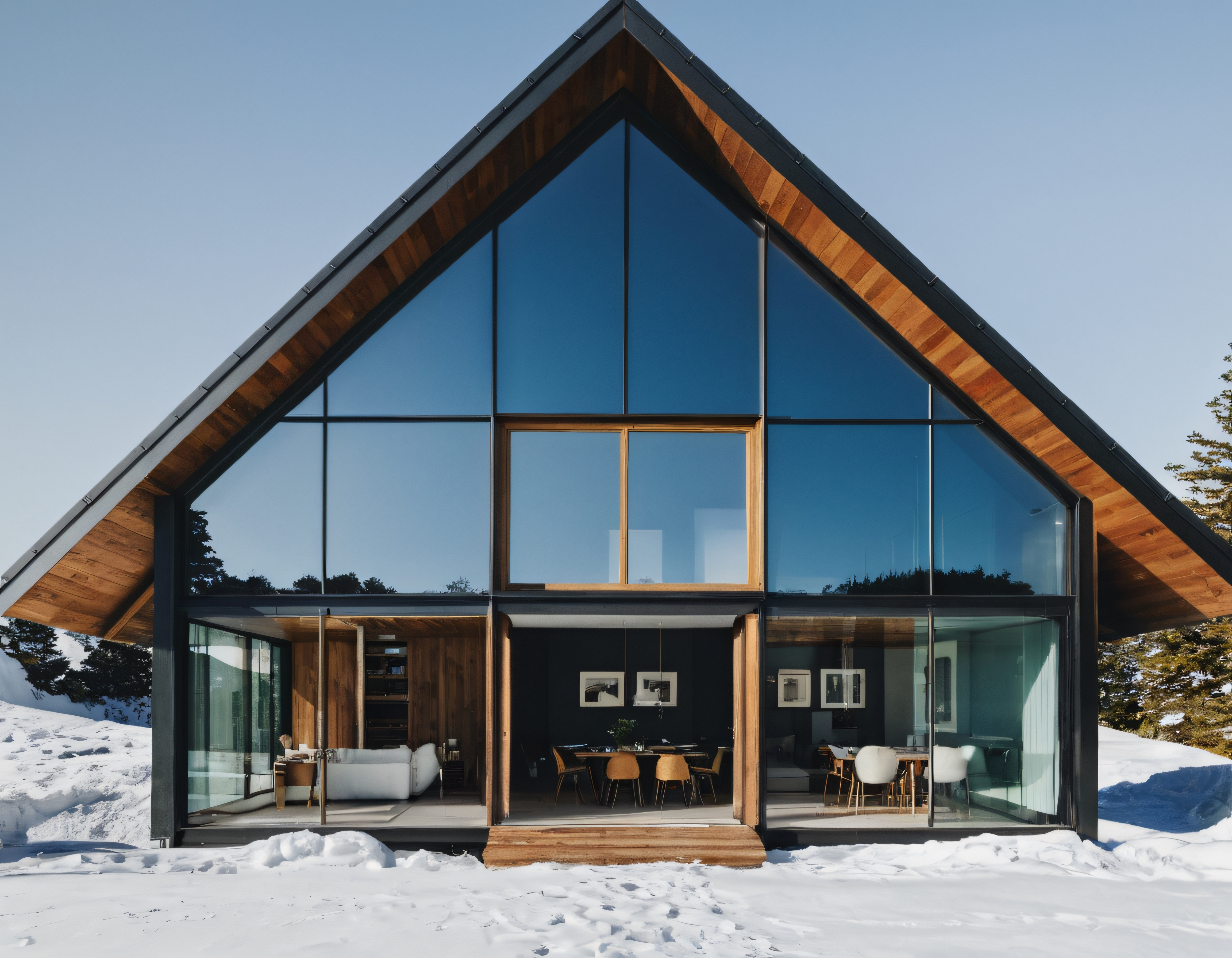 Karlı Ormanın İçinde Cam Cepheli ve Ahşap Detaylı Modern Dağ Evi Mimari