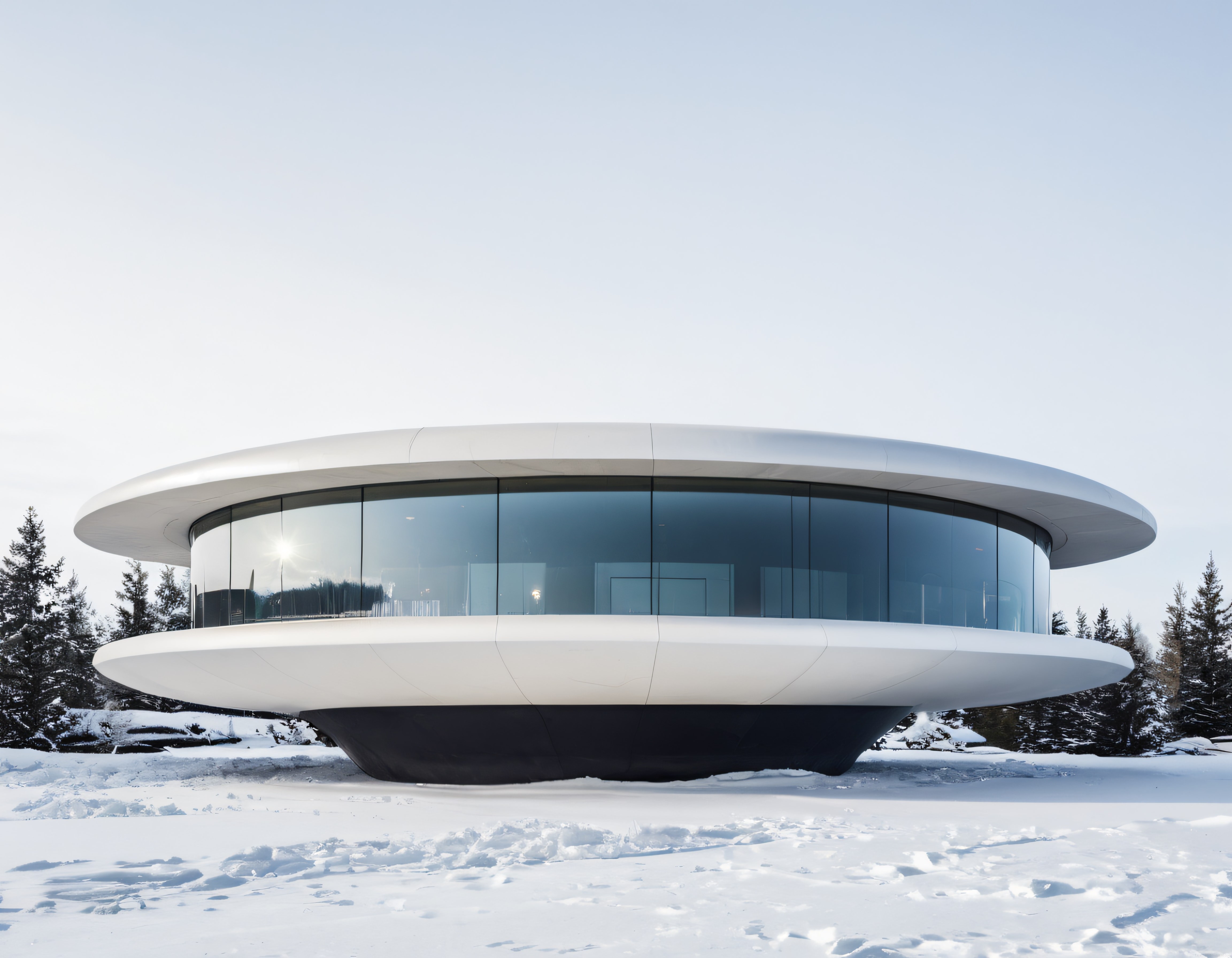 Karlı Ormanın İçinde Geleceğe Ait UFO Şeklinde Minimalist Mimari Yapı