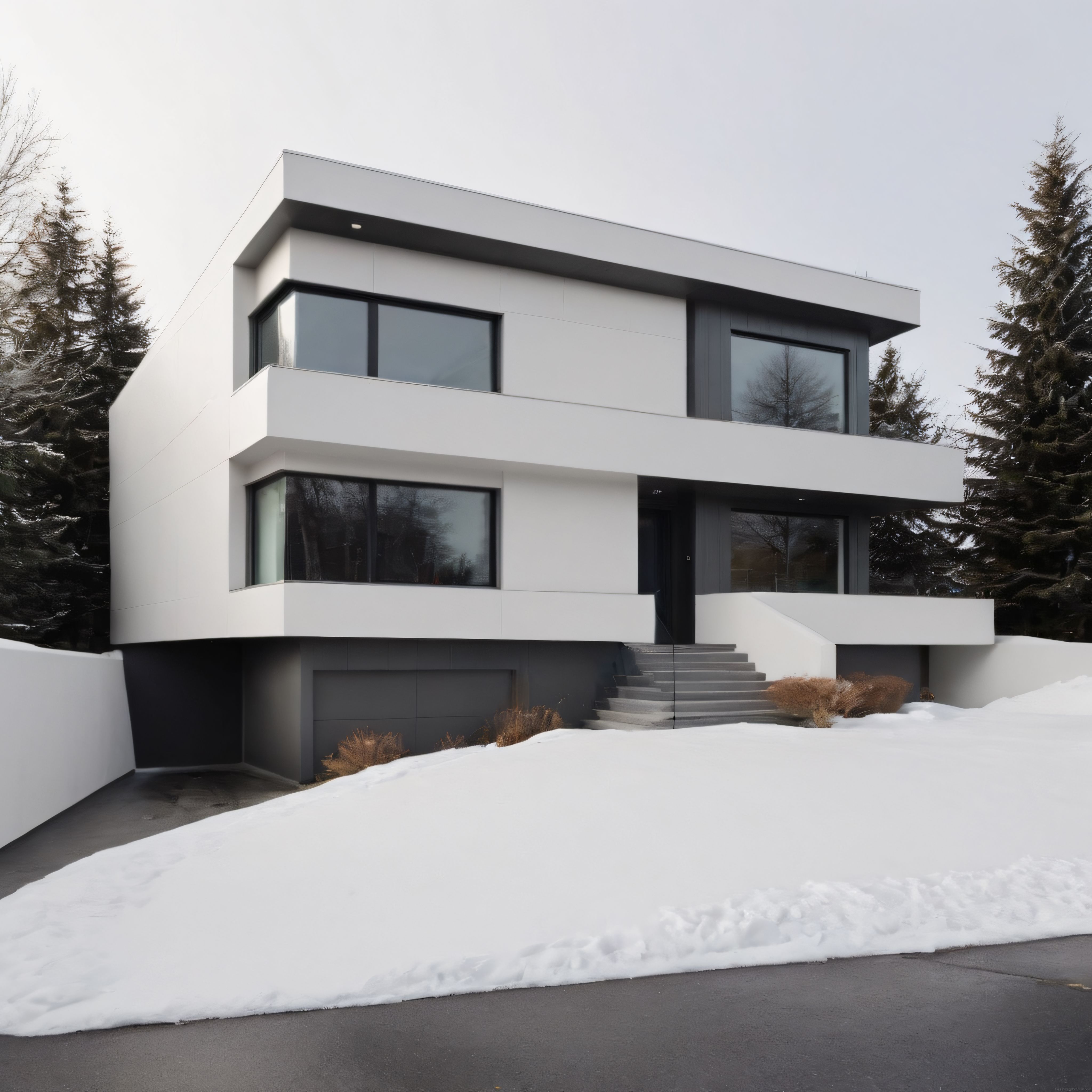 Karlı Ormanın İçinde Gömülü Modern Minimalist Beyaz Villa Mimari