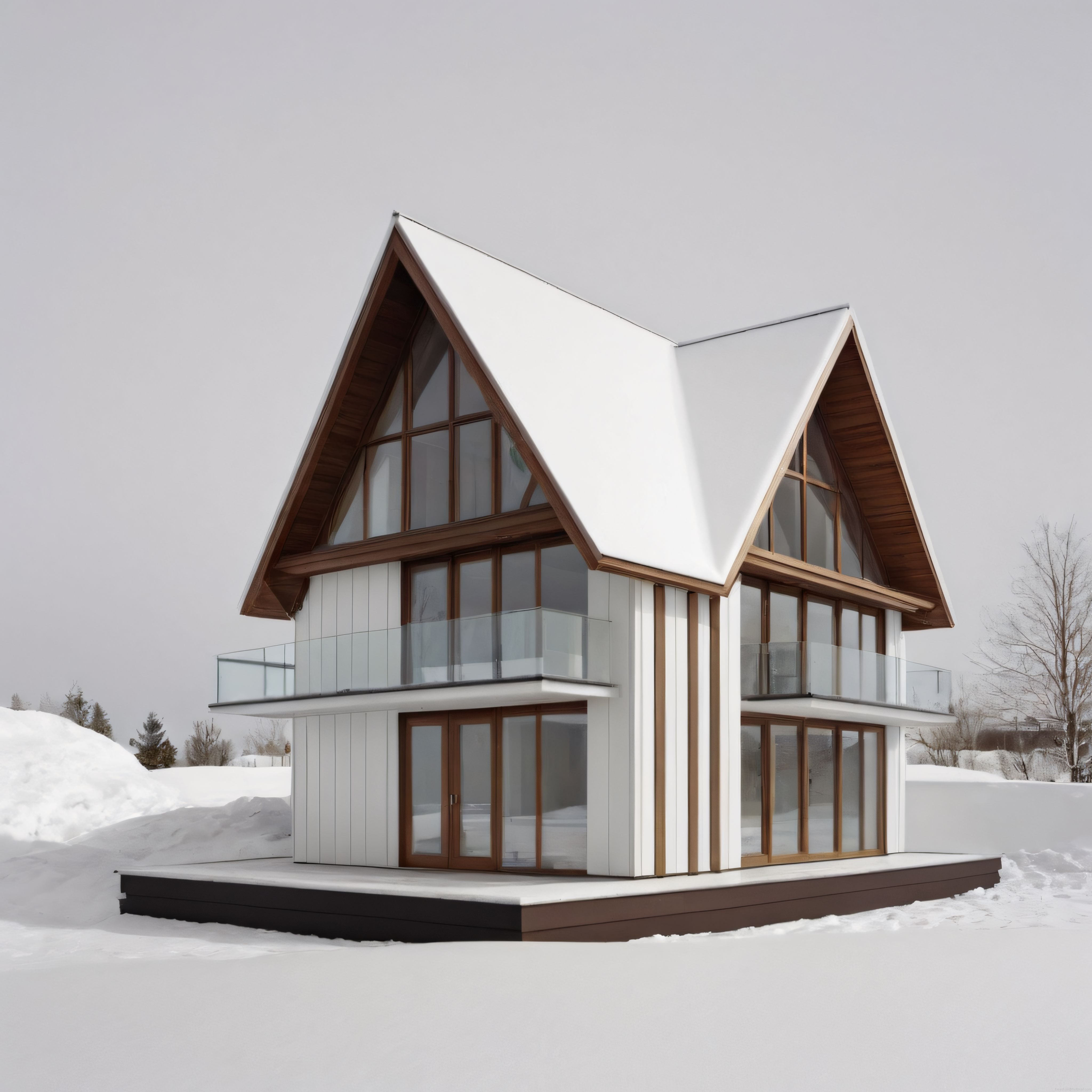 Karlı Ormanın İçinde Modern Ahşap ve Cam Detaylı Üçgen Çatılı Dağ Evi