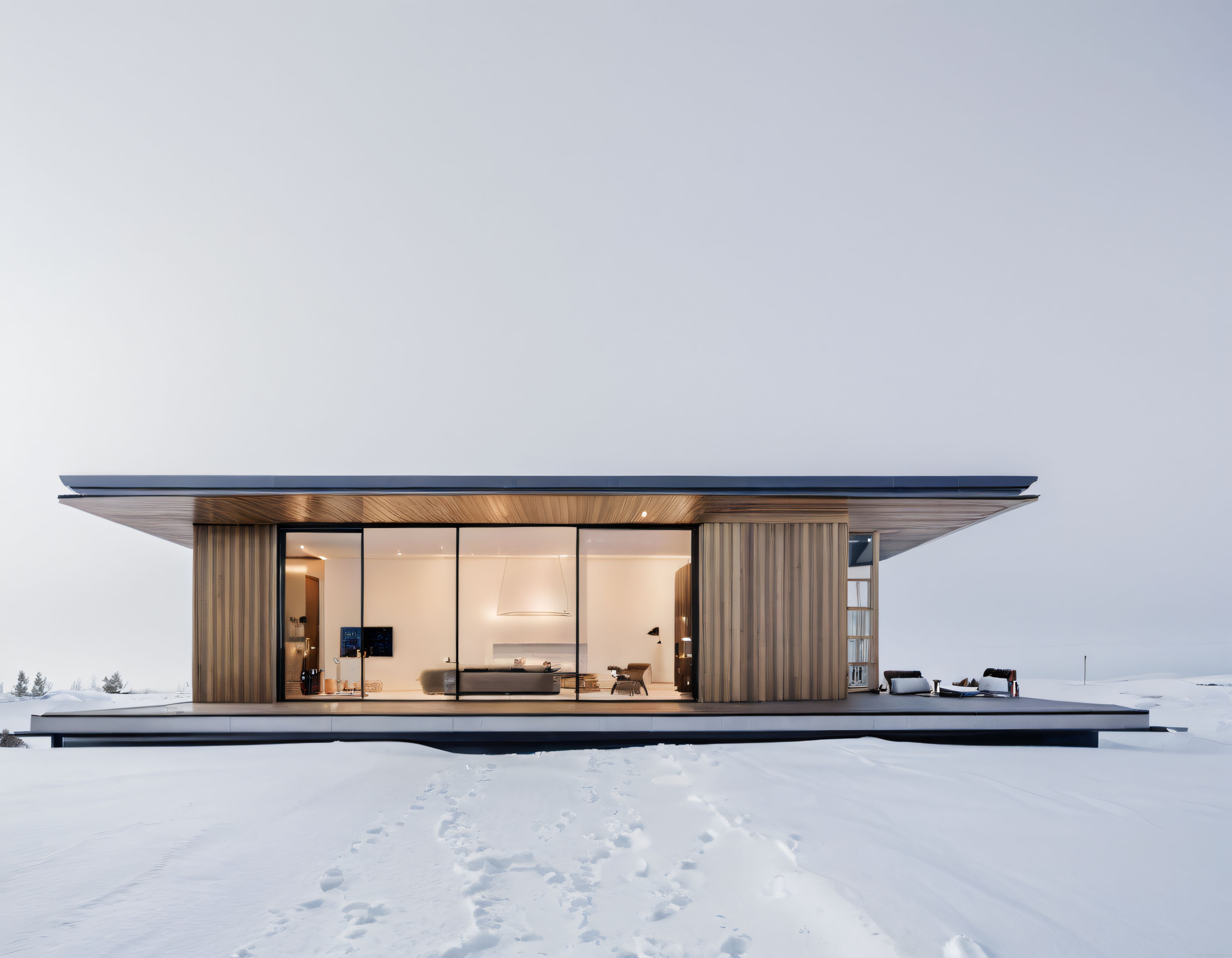 Karlı Ormanın İçinde Modern Mimari Tasarıma Sahip Sıcak Aydınlatmalı Villa