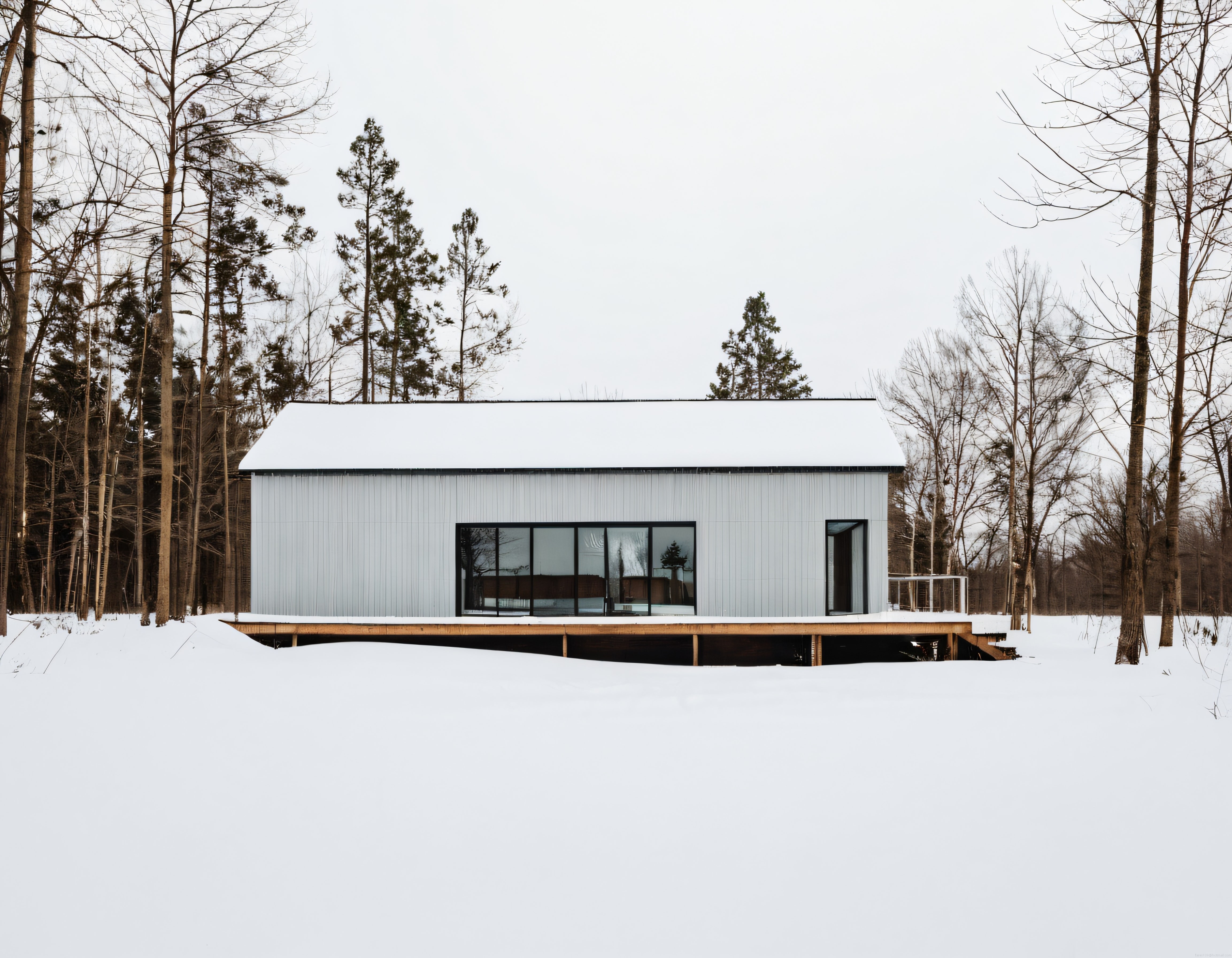 Karlı Ormanın İçinde Sessizliği Yansıtan Minimalist Modern Bir Ev