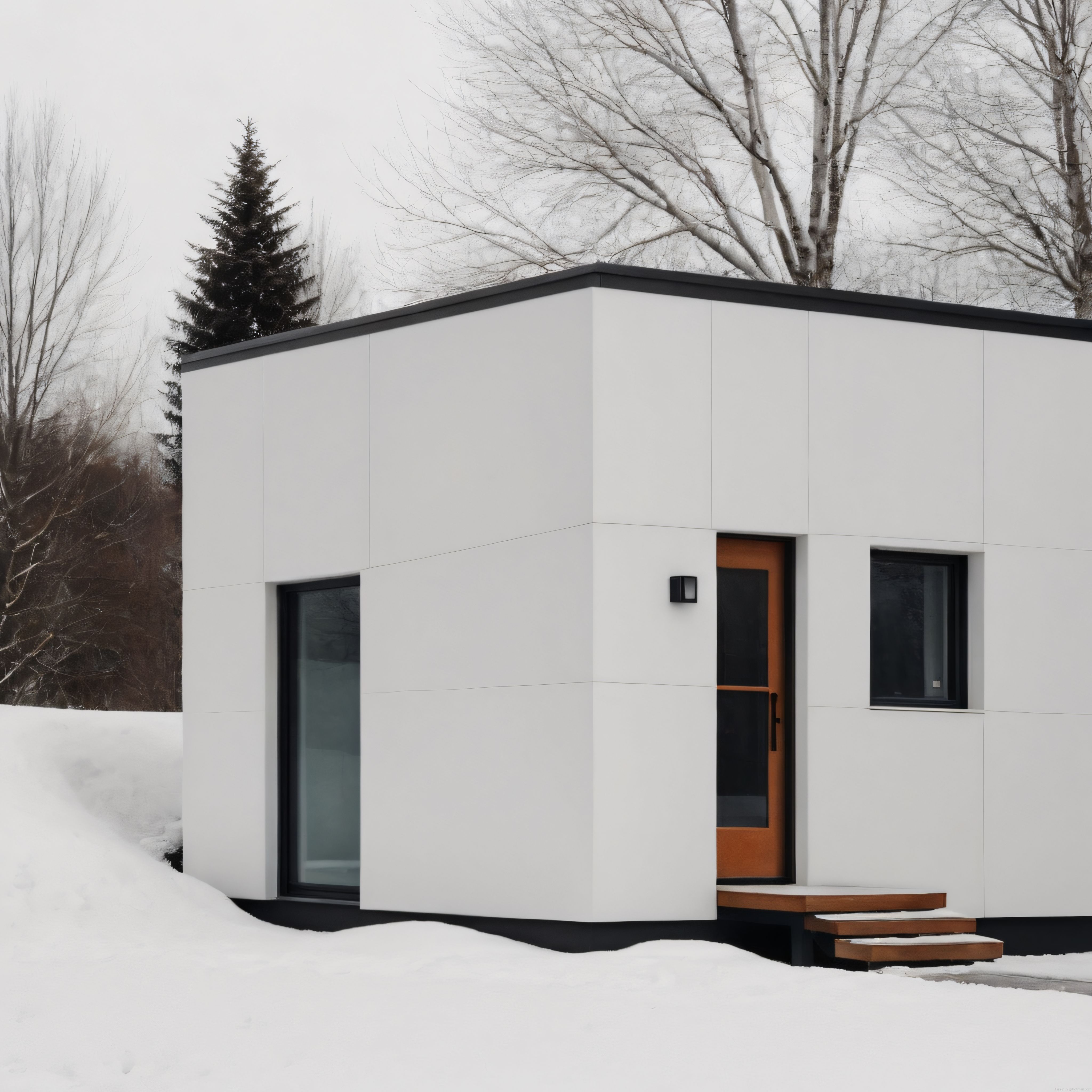 Karlı Ormanın İçinde Sıcak Ahşap Detaylı Modern Minimalist Kübik Ev