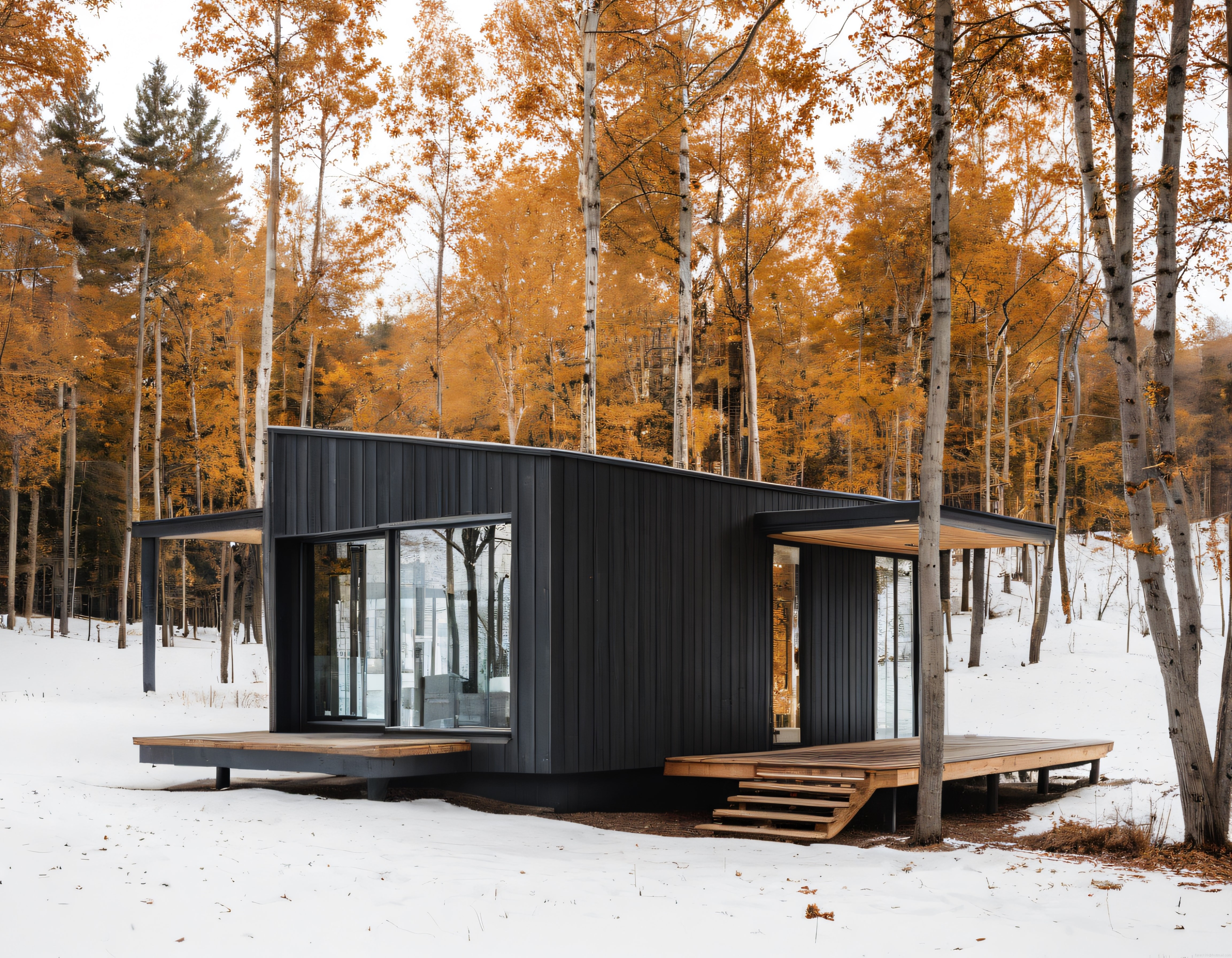 Karlı Ormanın İçinde Siyah Ahşap Modern Minimalist Ev ve Teras