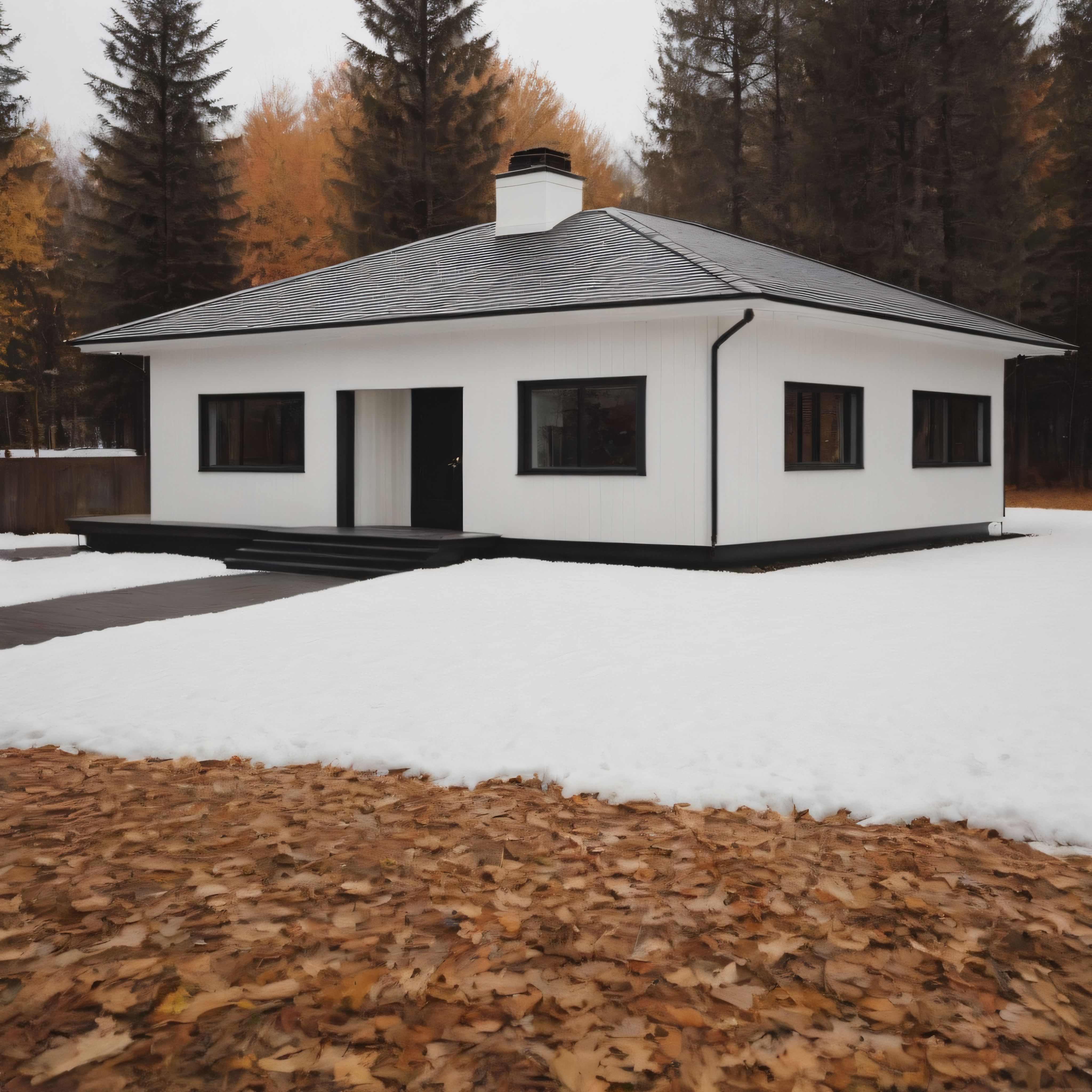 Karlı Ormanın İçinde Siyah Beyaz Detaylarla Tamamlanmış Modern Bir Kış Evi Karlı Ormanın İçinde Siyah Beyaz Detaylarla Tamamlanmış Modern Bir Kış Evi