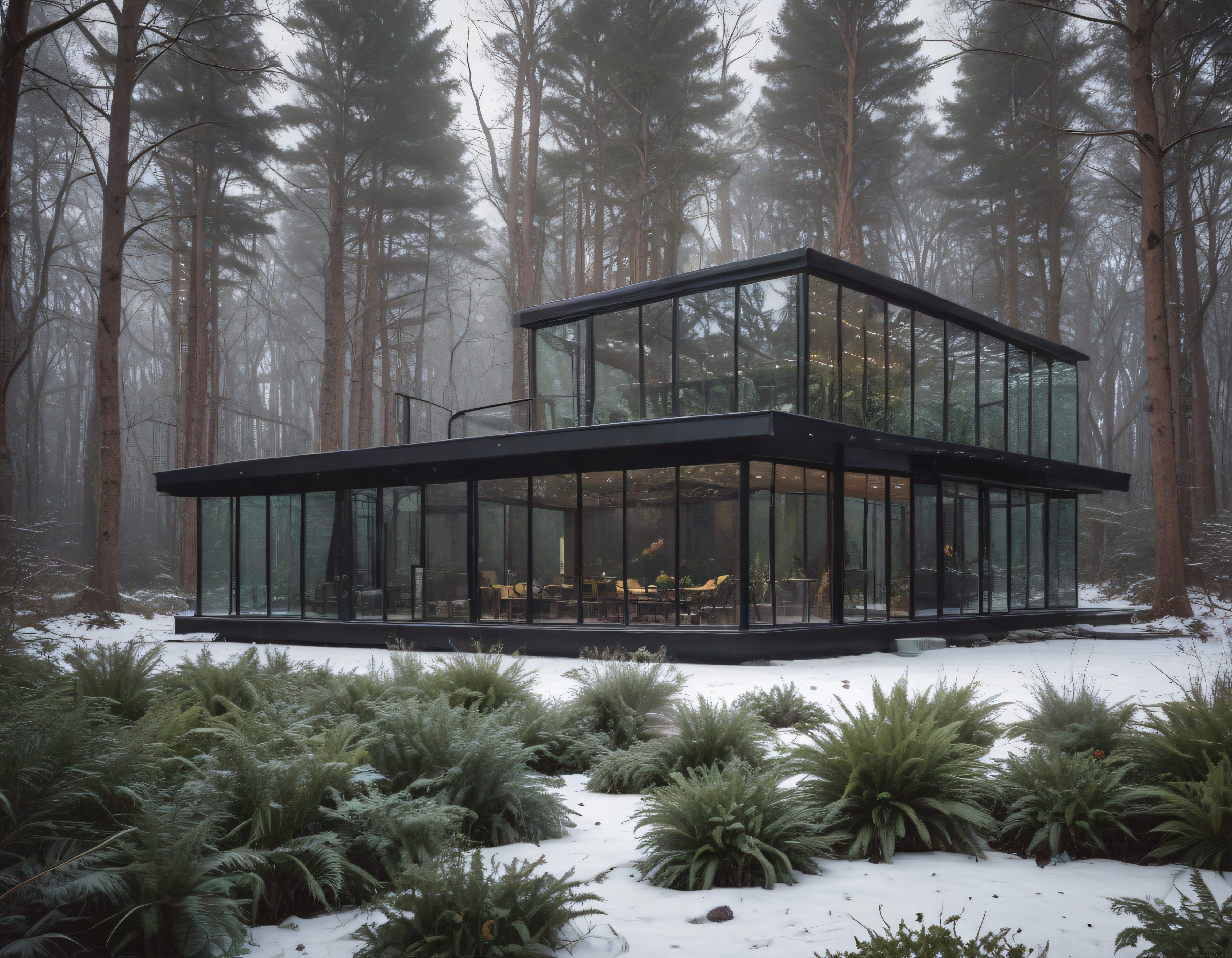 Karlı Ormanın İçinde Siyah Çerçeveli Modern Cam Villa ve Doğa Manzarası