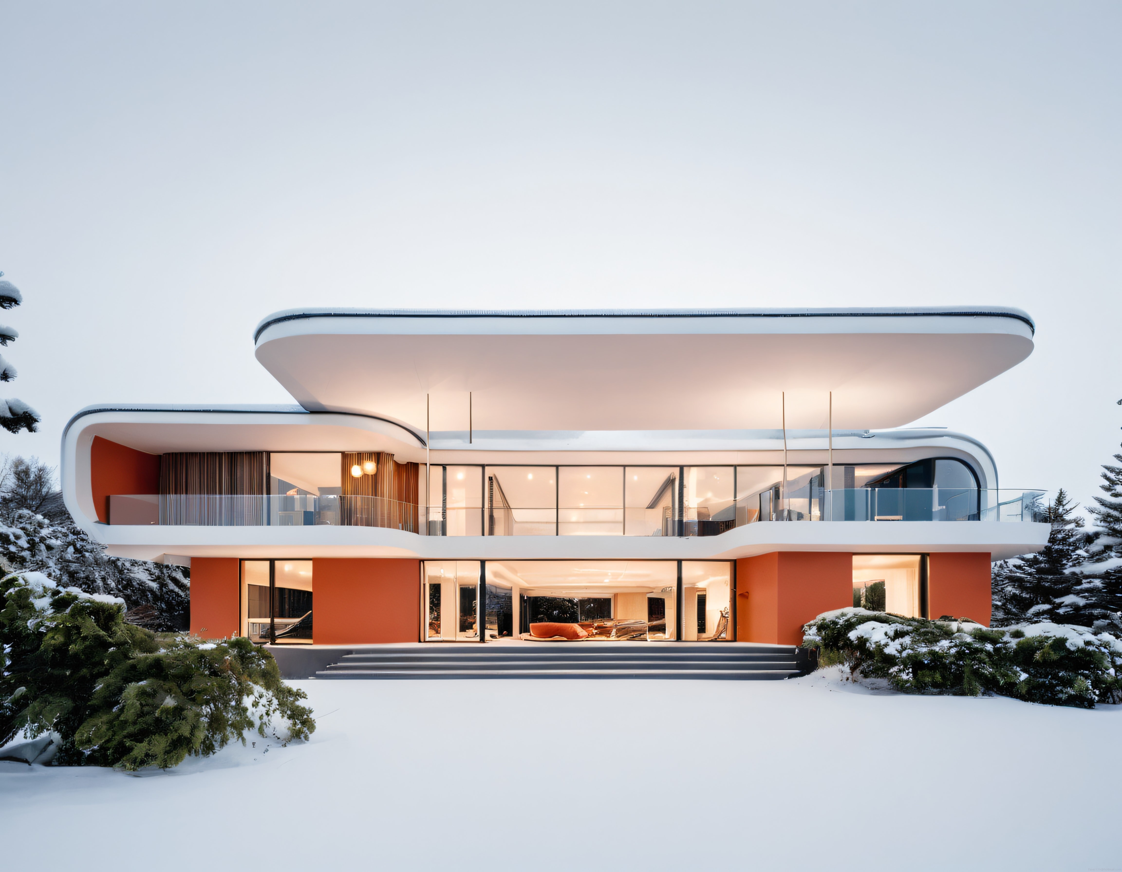 Karlı Ormanın İçinde Yer Alan Fütüristik ve Lüks Modern Villa Mimarisi