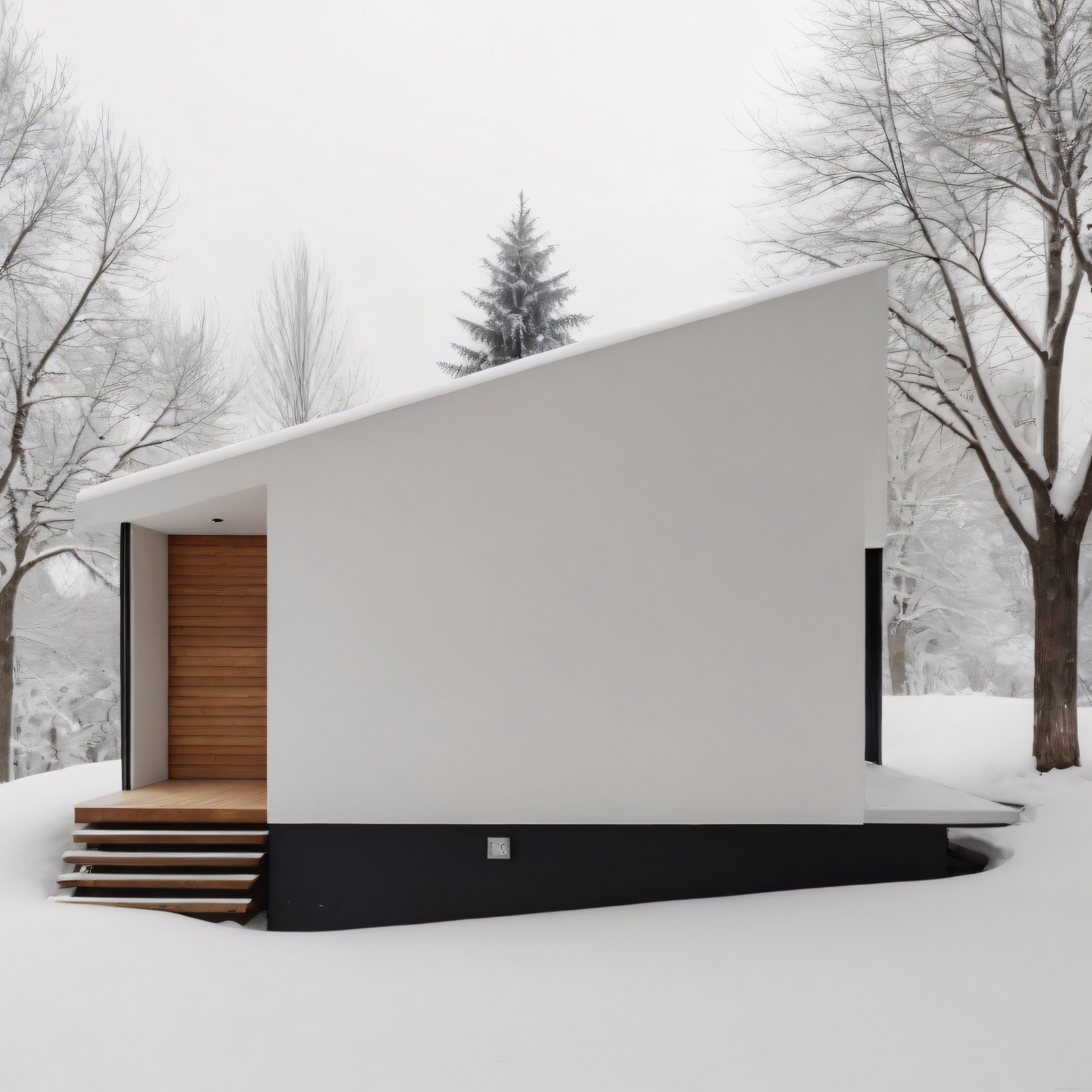 Karlı ormanın içinde yükselen modern minimalist bir dağ evinin sade mimarisi