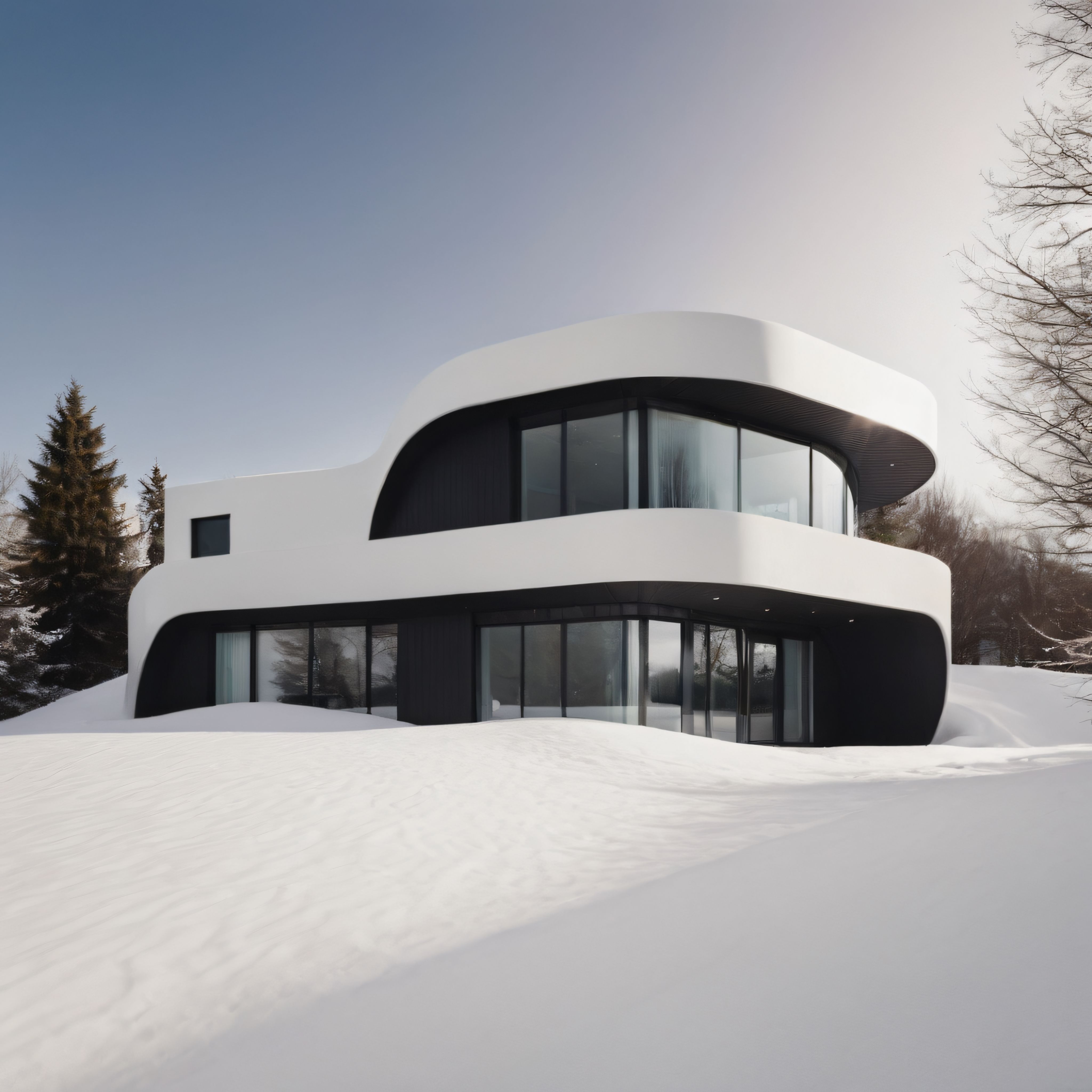 Karlı Ormanın İçinde Yumuşak Hatlarıyla Dikkat Çeken Fütüristik Modern Villa