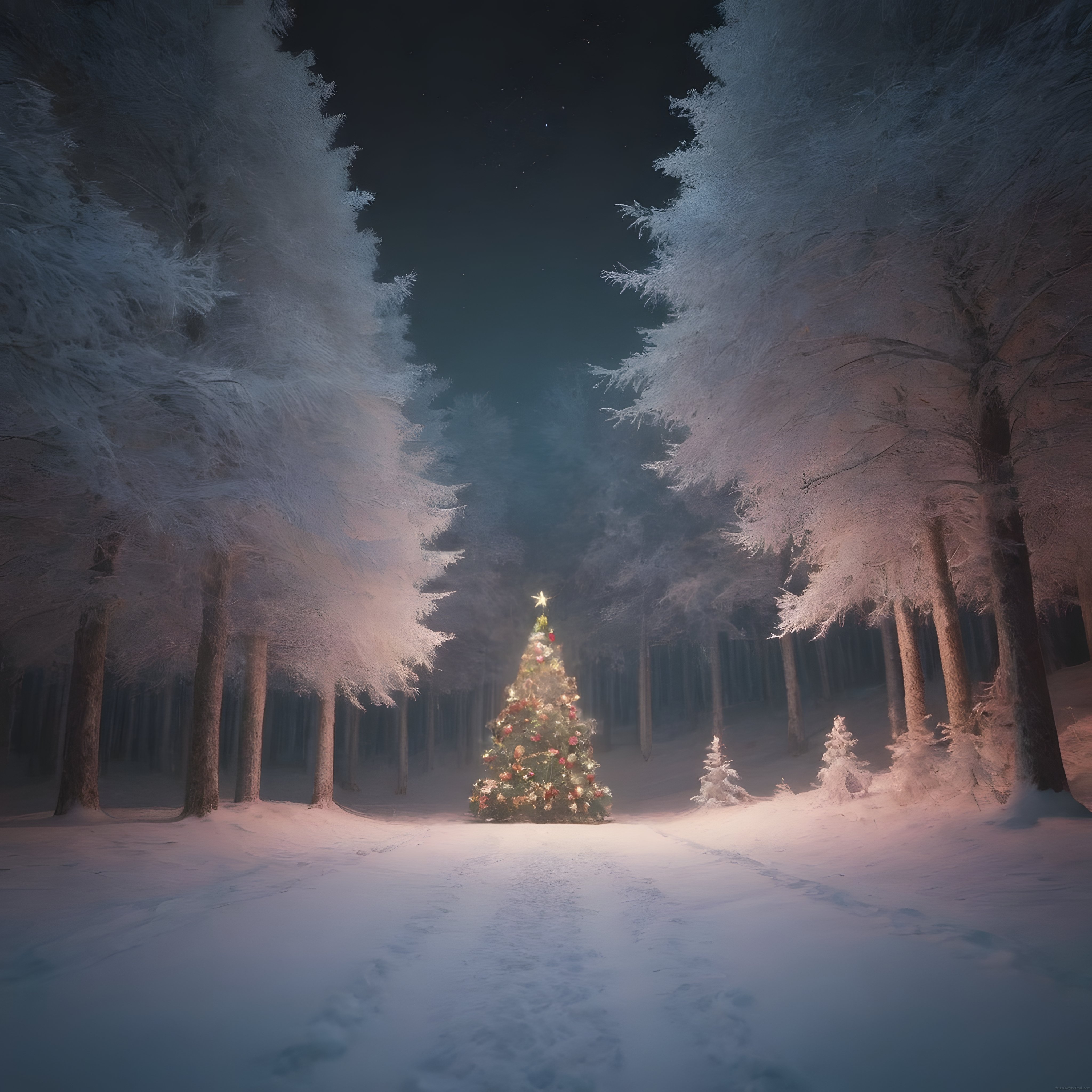 Karlı Ormanın Ortasında Büyülü Işıklı Noel Ağacı Kış Manzarası