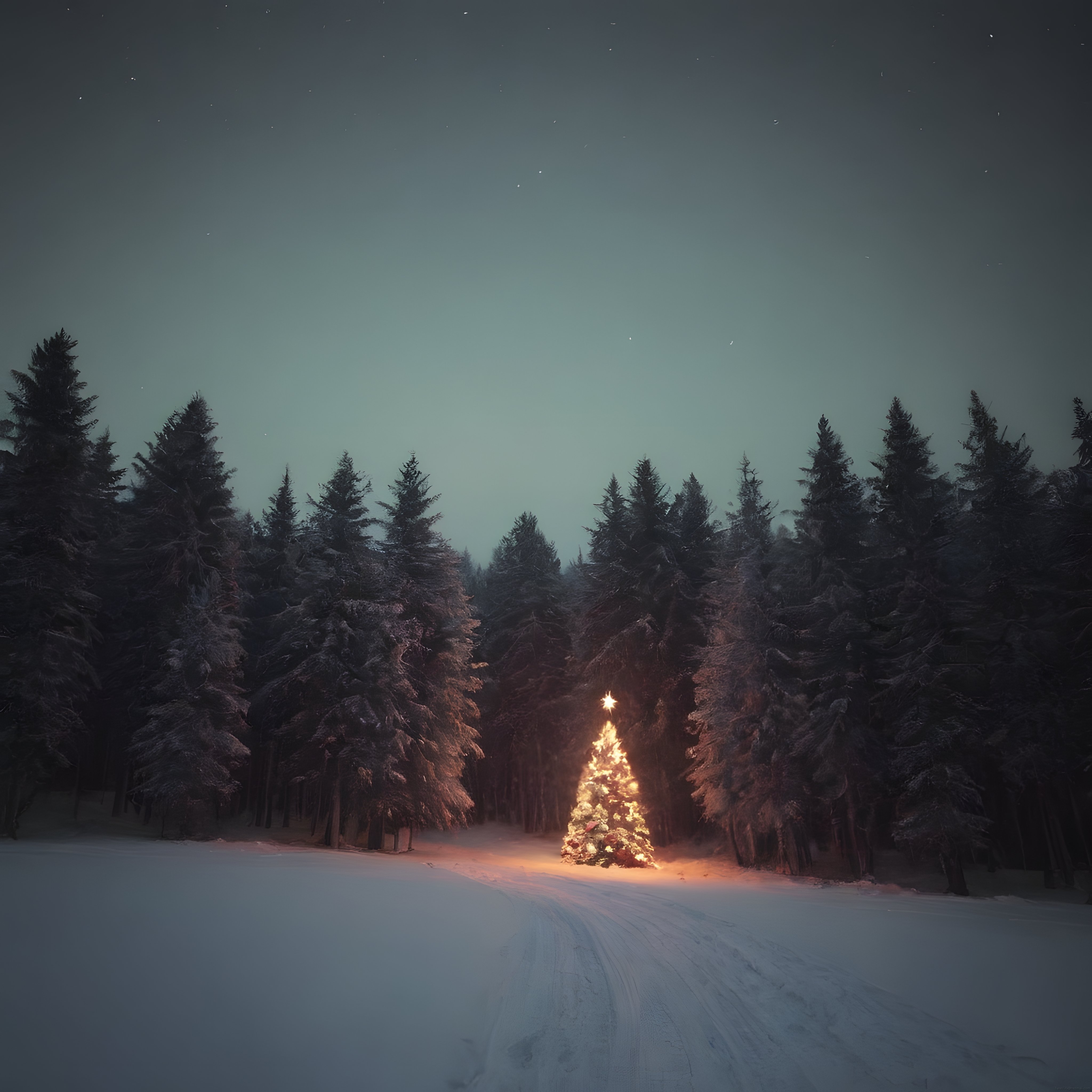 Karlı Ormanın Ortasında Işıldayan Yılbaşı Ağacı ve Yıldızlı Gece