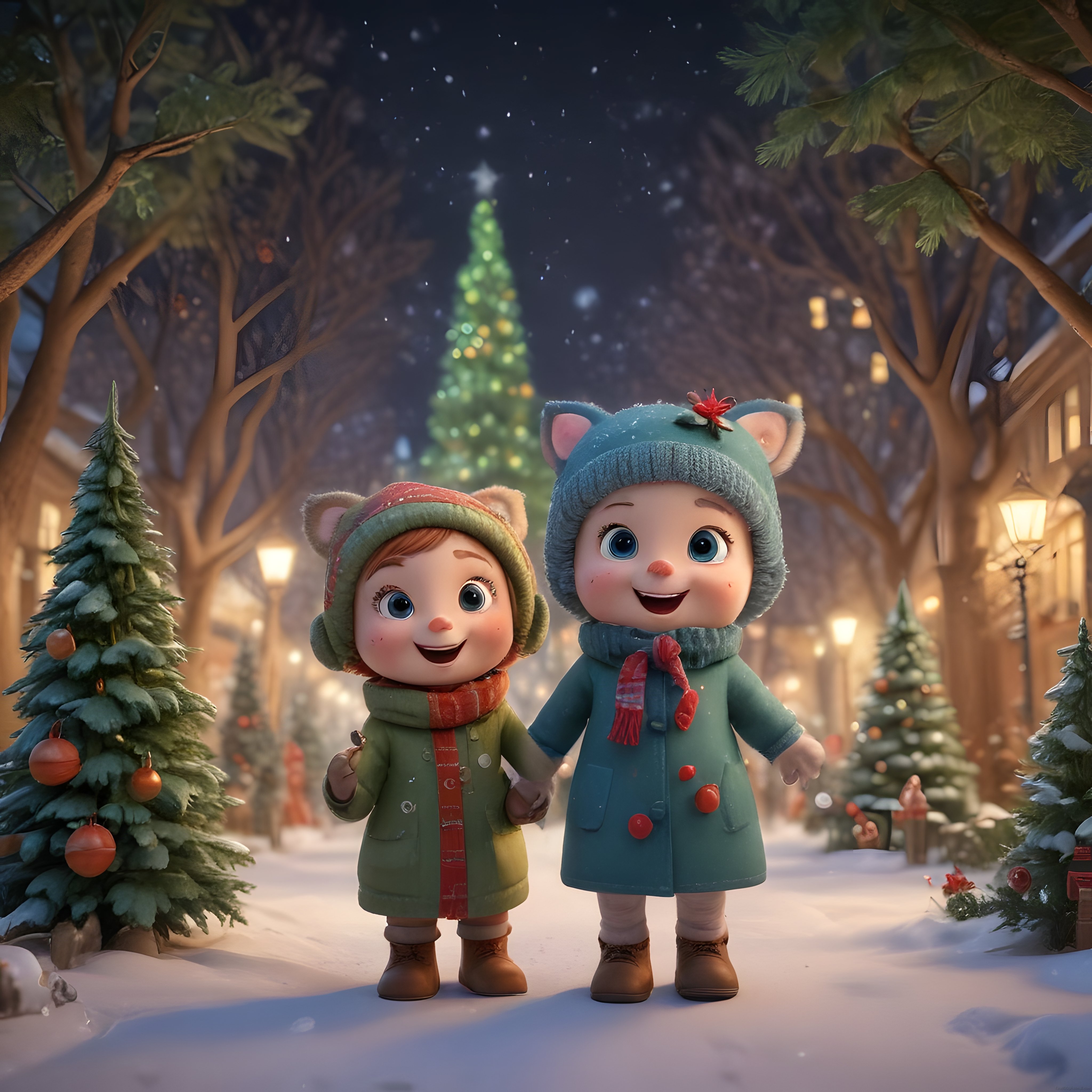Karlı Parkta El Ele Tutan Sevimli Çizgi Film Karakterlerinin Noel Macerası