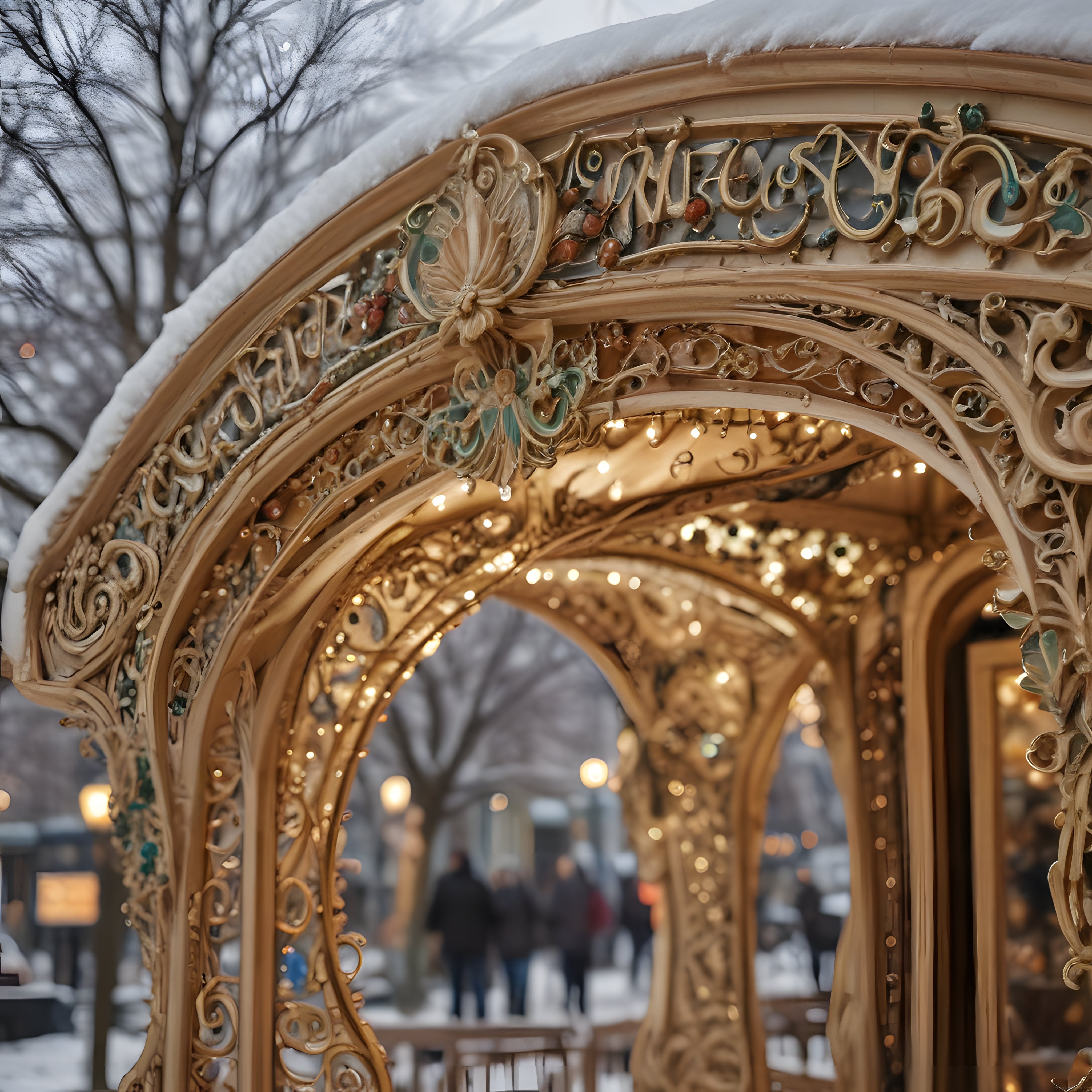 Karlı parkta ışıl ışıl yanan Art Nouveau süslü kemer ve büyülü kış atmosferi