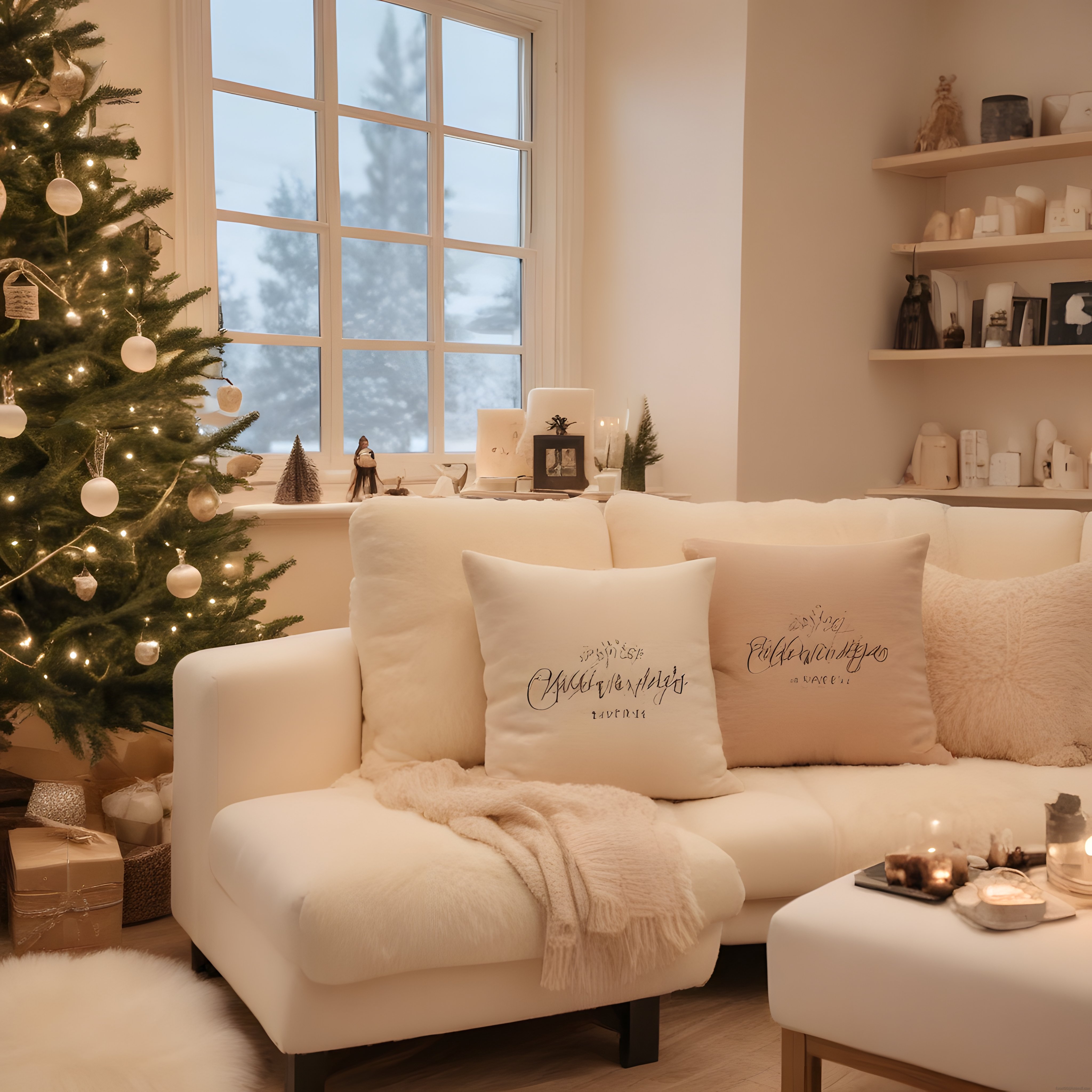 Karlı Pencere Manzaralı Beyaz Noel Dekorasyonlu Sıcacık Salon