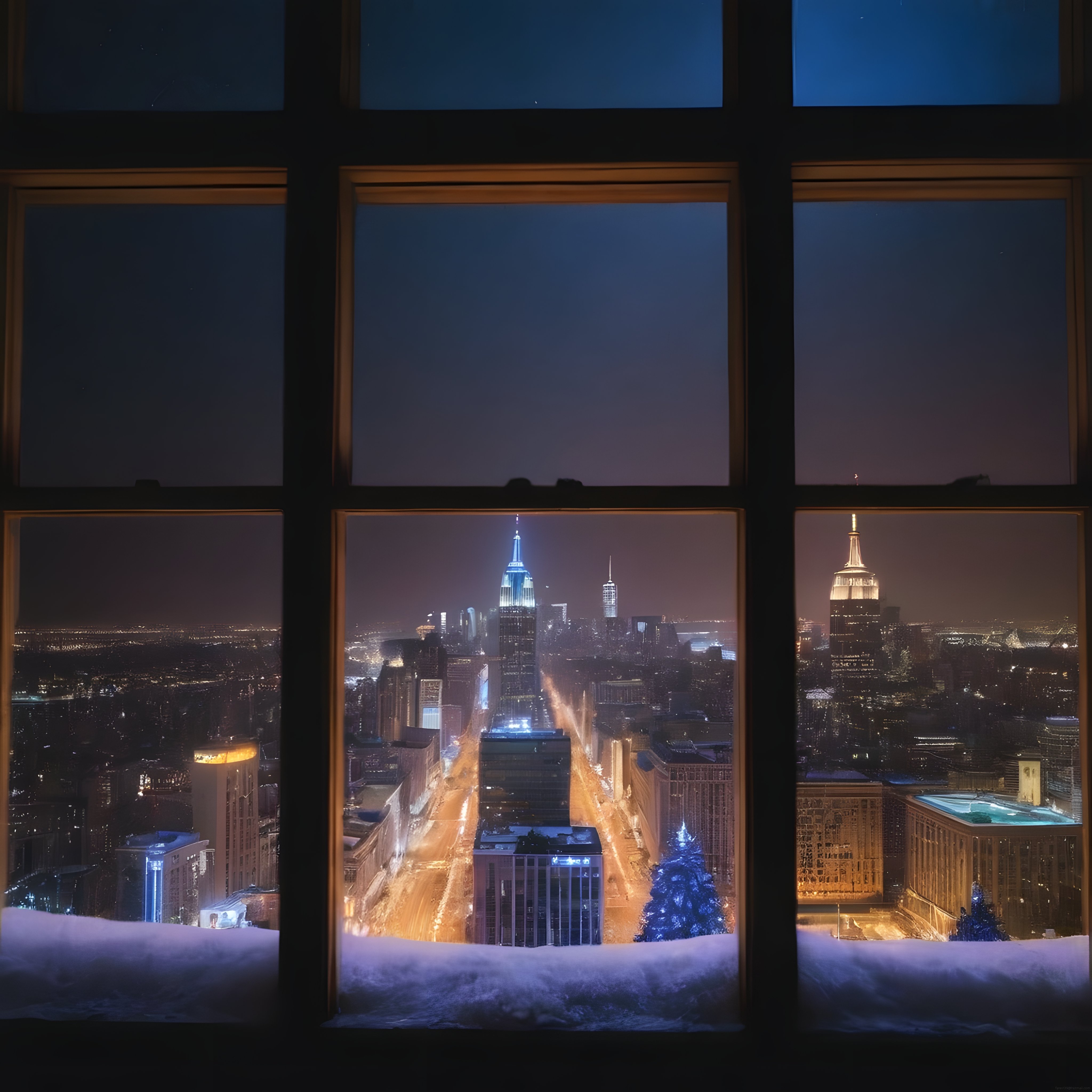 Karlı Pencereden New York Gece Manzarası ve Işıklı Gökdelenler