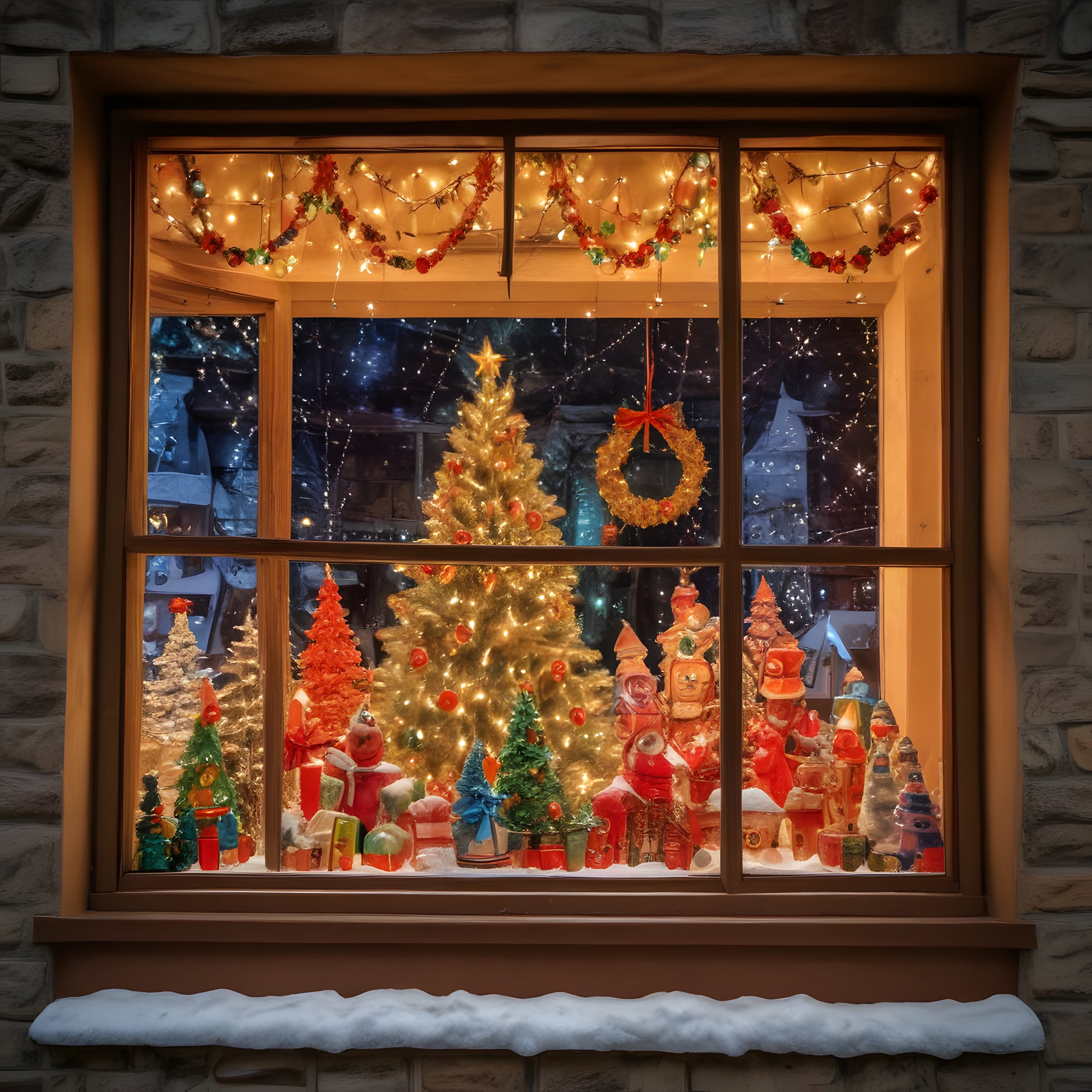 Karlı pencereden sıcacık Noel süslemeleriyle dolu masalsı ev manzarası