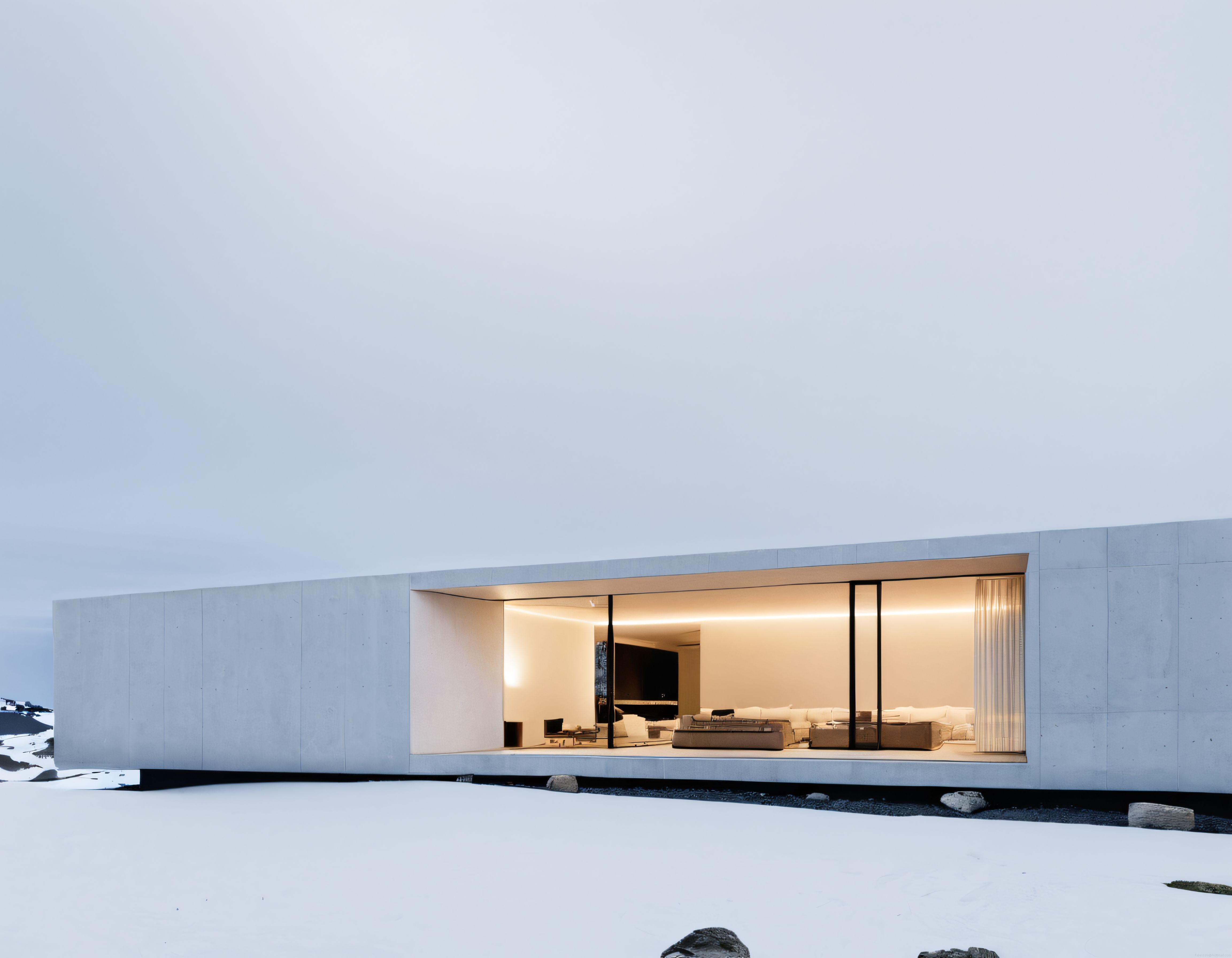 Karlı Peyzajda Cam Cepheli Minimalist Çağdaş Ev ve Sıcak İç Mekan