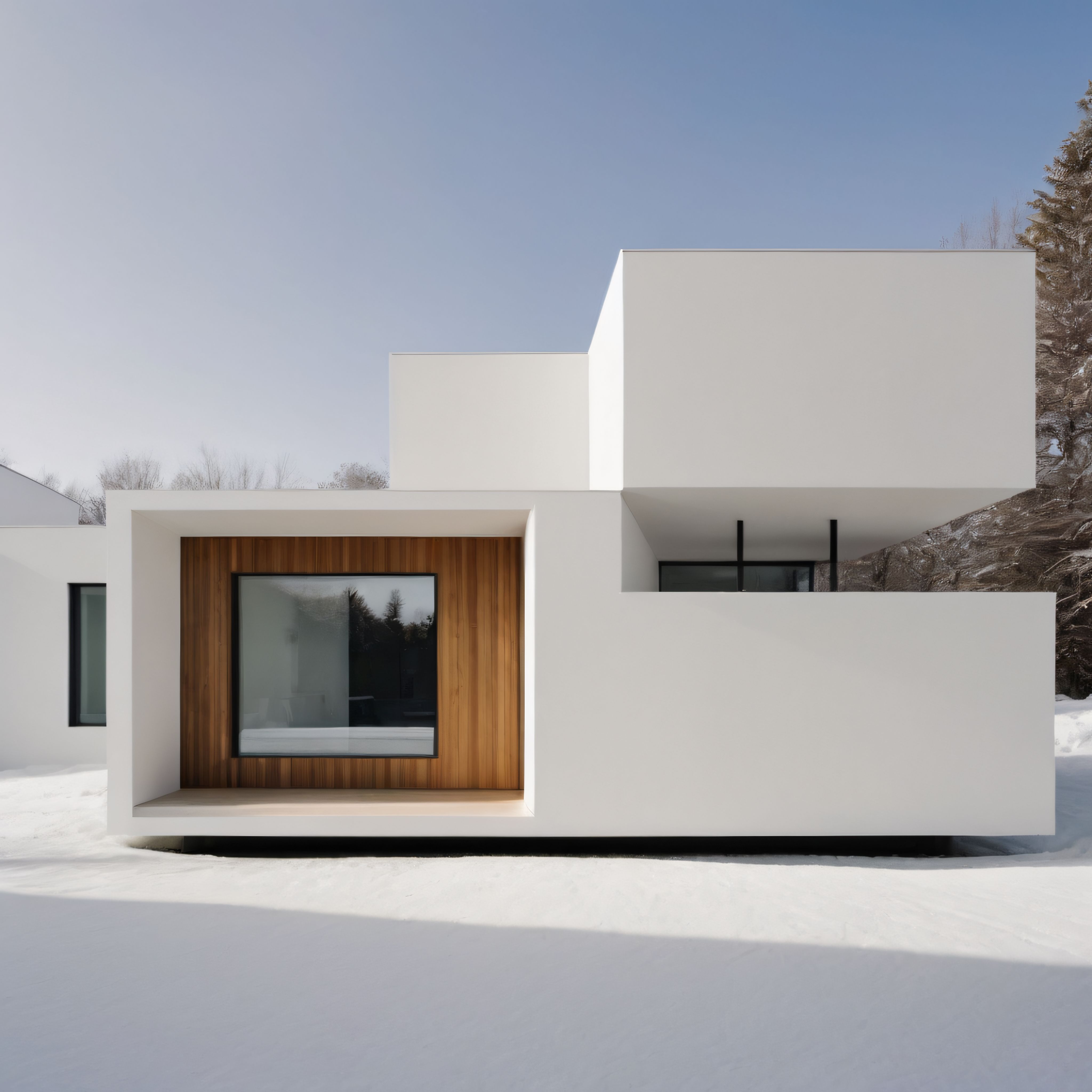 Karlı Peyzajda Geometrik Hatlarıyla Dikkat Çeken Modern Beyaz Mimari