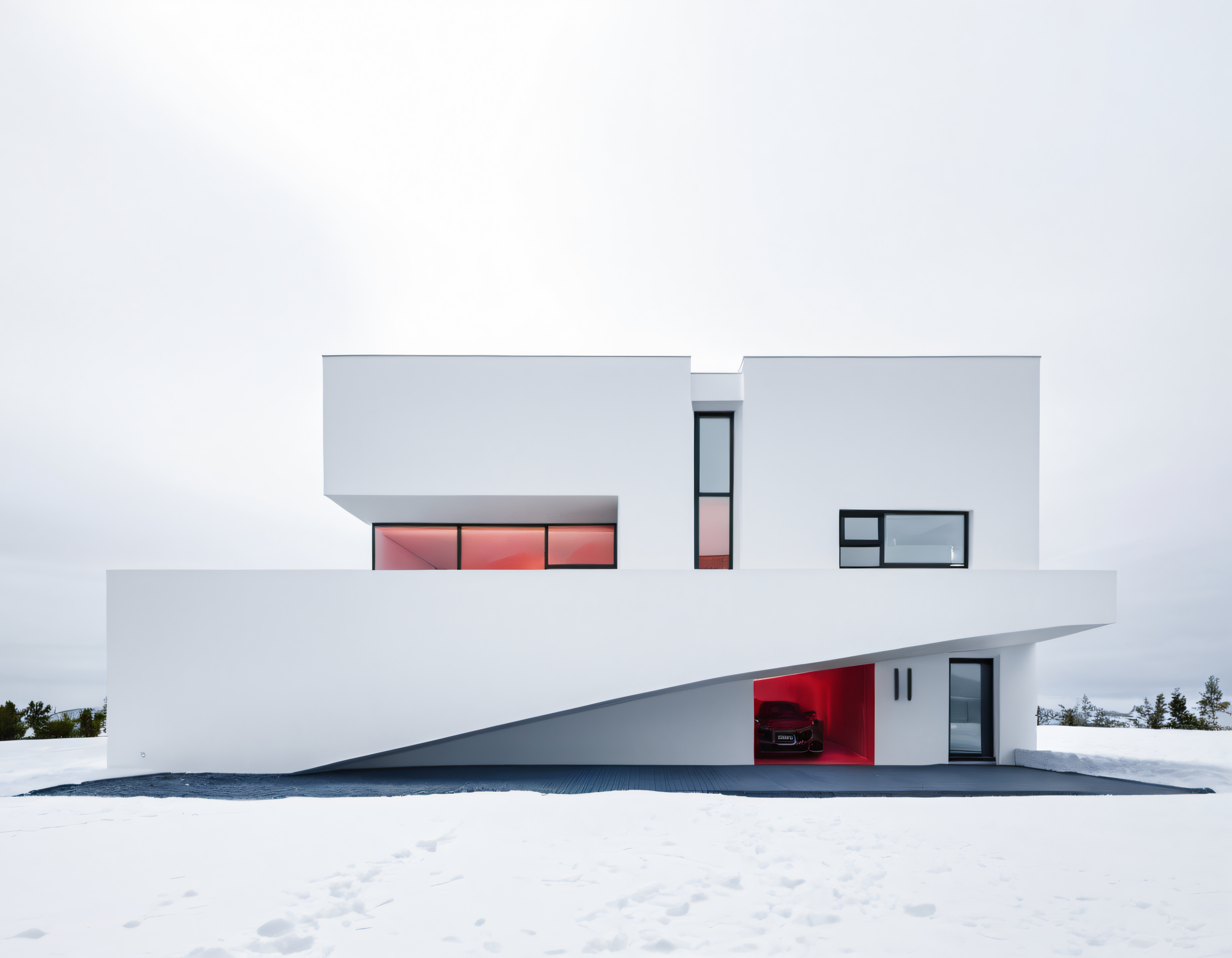 Karlı Peyzajda Geometrik Hatlarıyla Dikkat Çeken Modern Minimalist Beyaz Villa