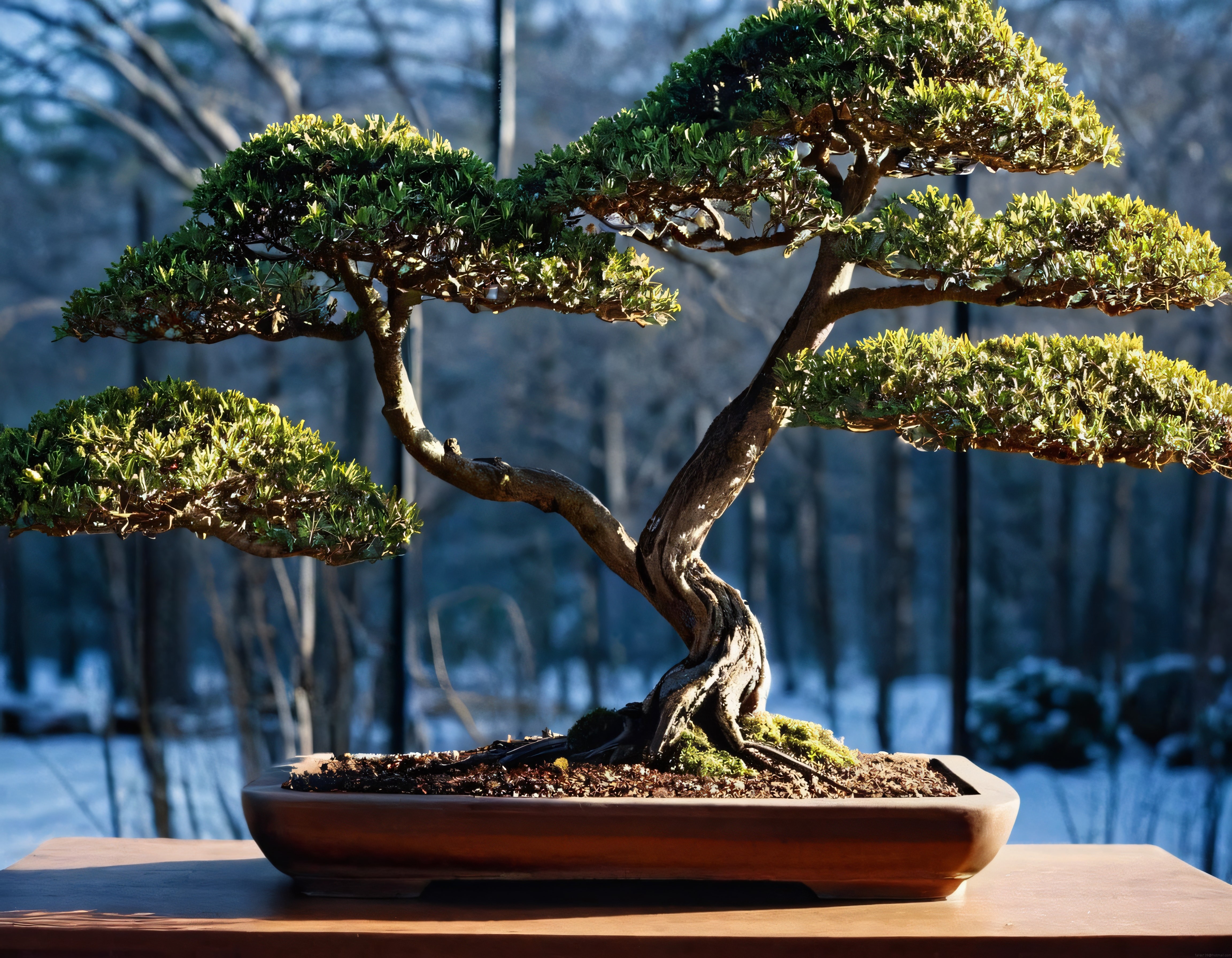 Karlı Peyzajda Gün Işığında Parlayan Kıvrımlı Gövdeli Yaşlı Bonsai