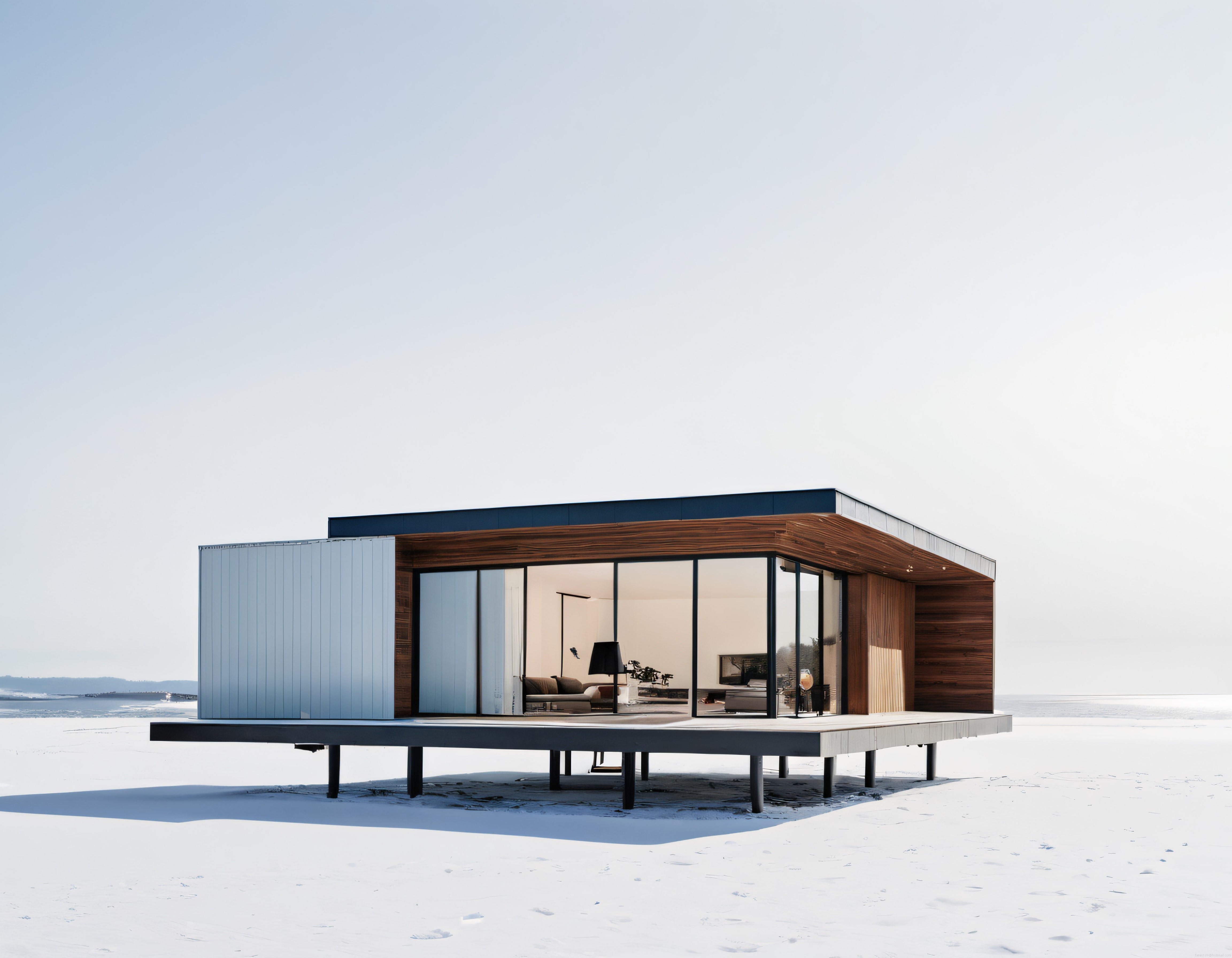 Karlı Peyzajda Minimalist Cam ve Ahşap Detaylı Modern Ev Mimari Tasarım