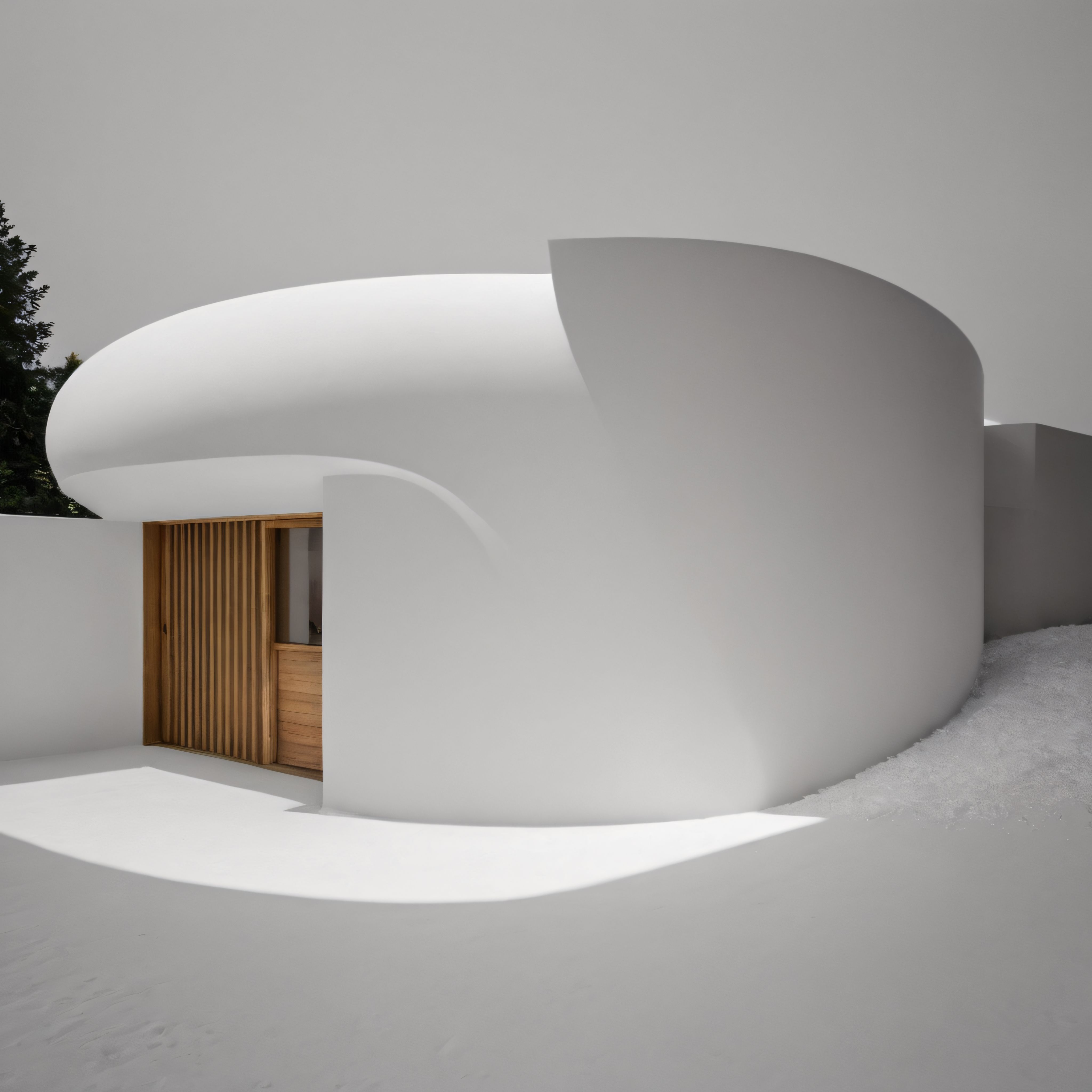 Karlı Peyzajda Organik Formlarıyla Dikkat Çeken Minimalist Beyaz Yapı