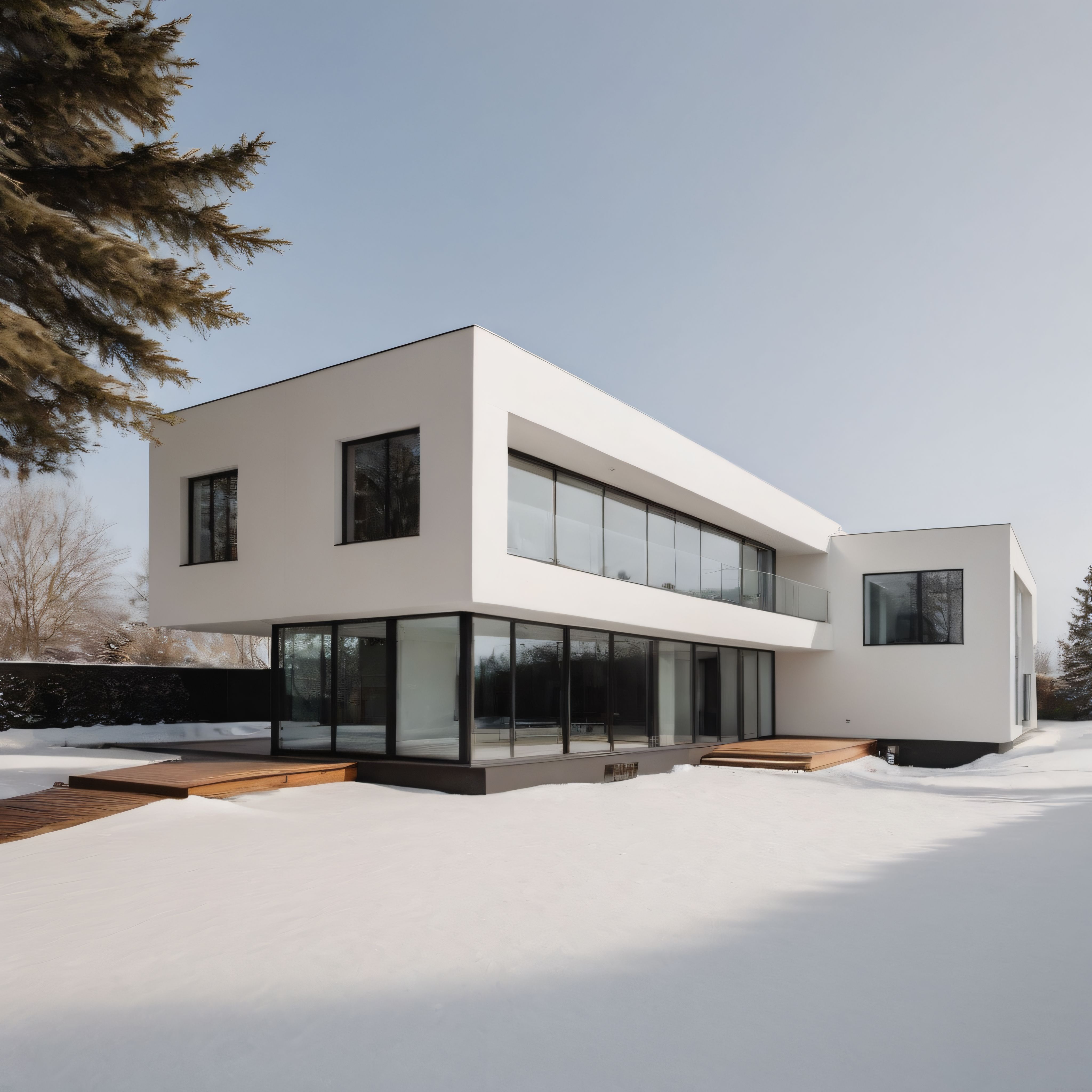 Karlı Peyzajda Sıradışı Modern Mimari: Beyaz Villa ve Büyük Cam Cepheler