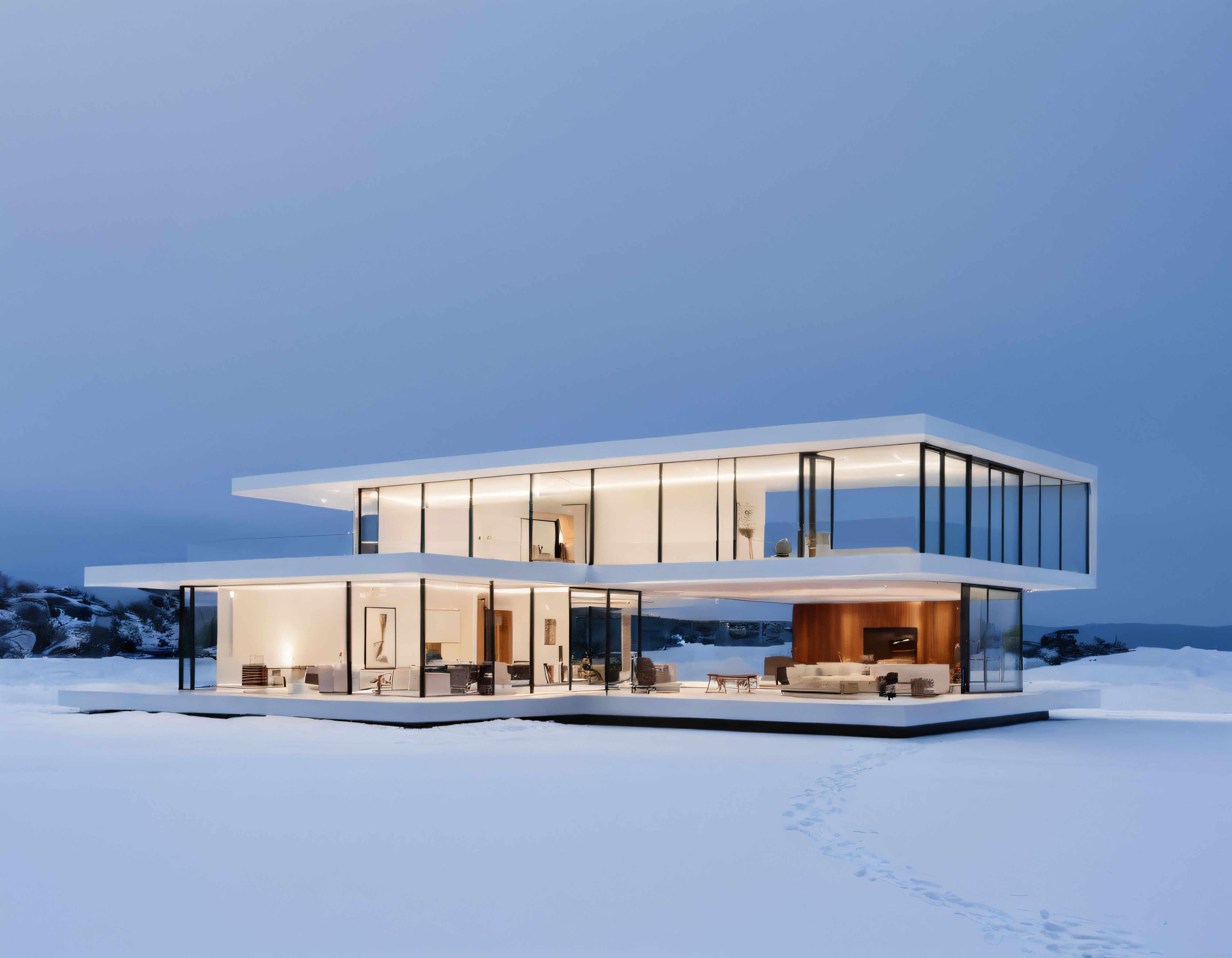 Karlı Peyzajda Şömineli ve Cam Cepheli Minimalist Lüks Villa Tasarımı