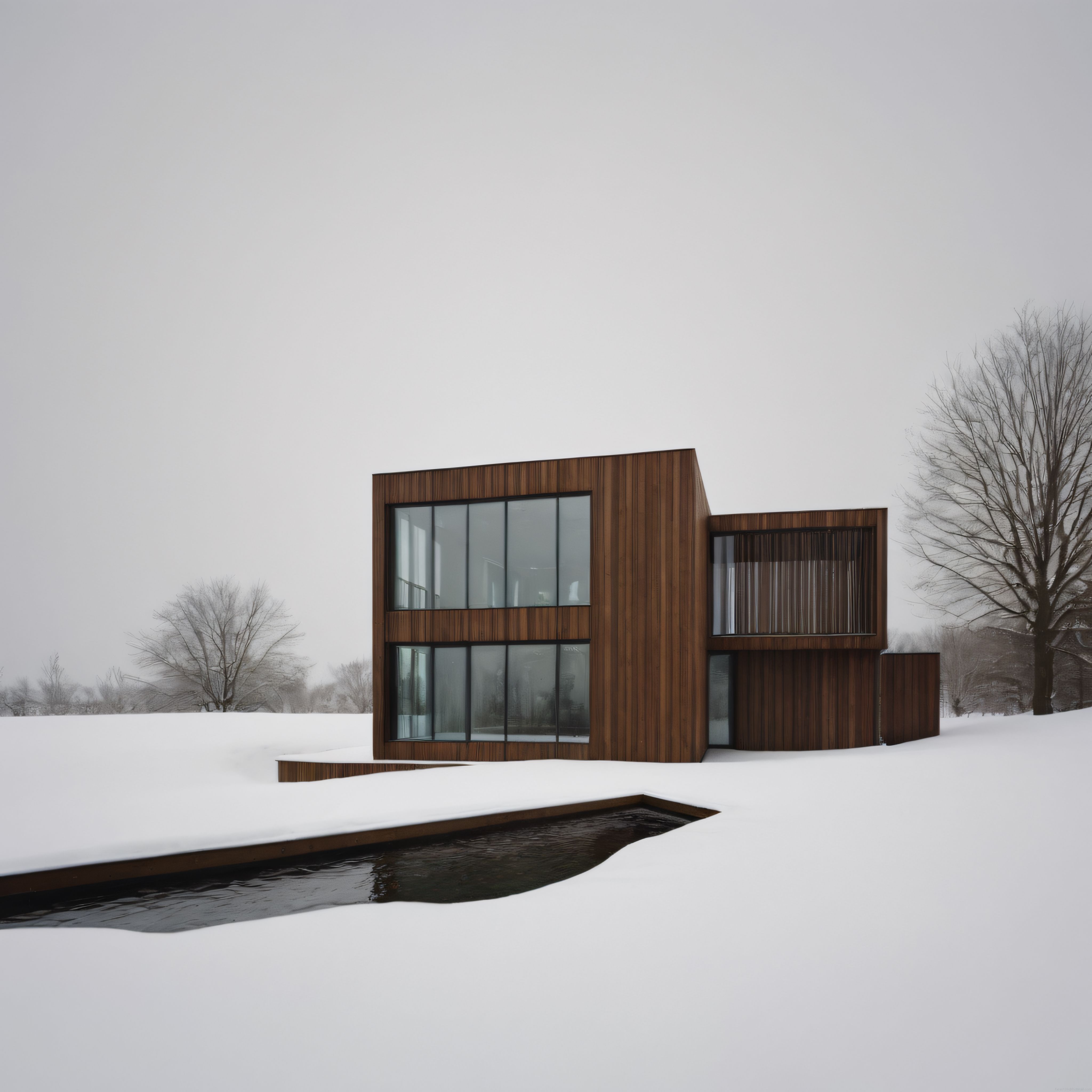 Karlı Peyzajın İçinde Modern Ahşap Cepheli Minimalist Villa Tasarımı