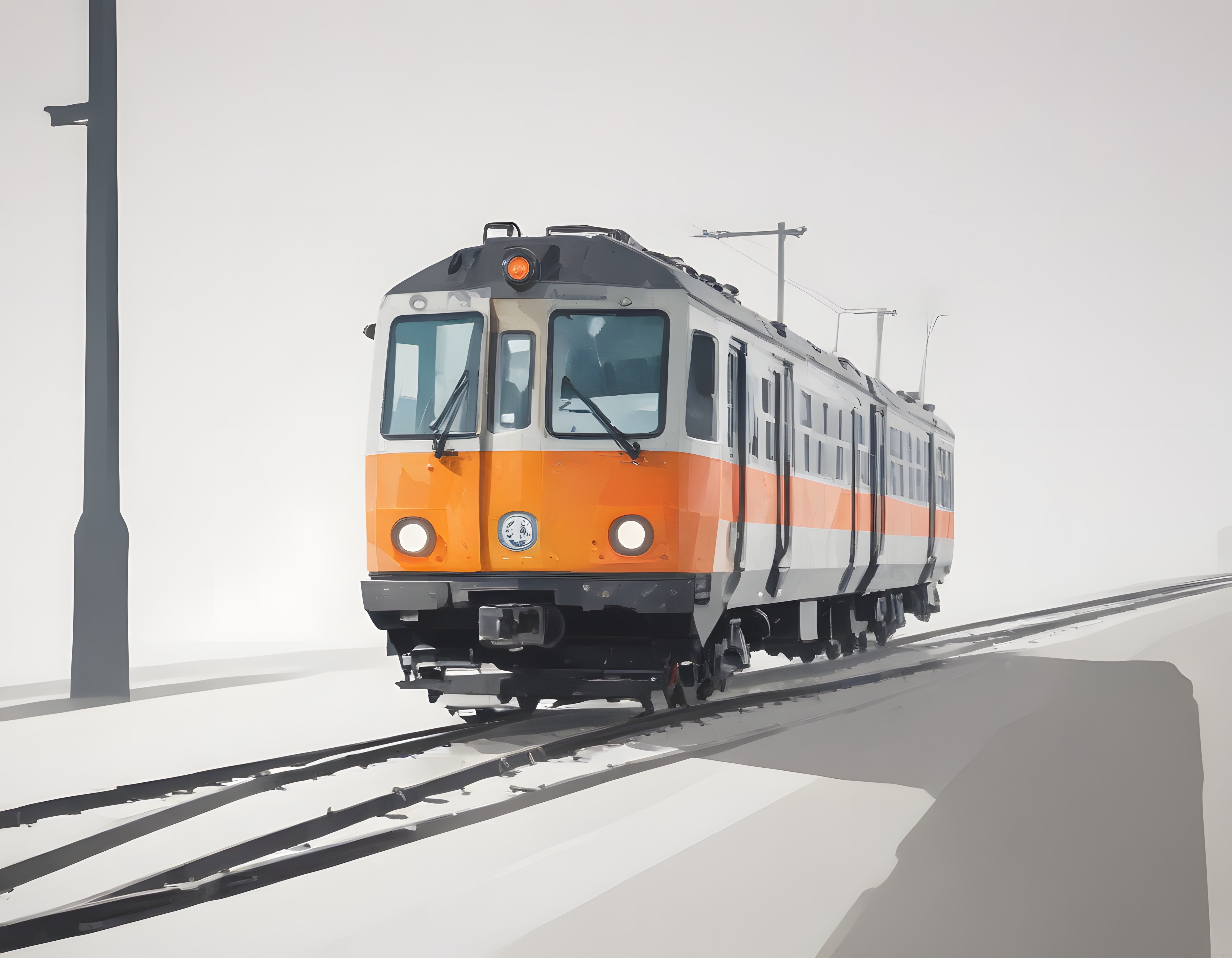 Karlı Raylar Üzerinde Duran Turuncu Banliyö Treni ve Kış Manzarası