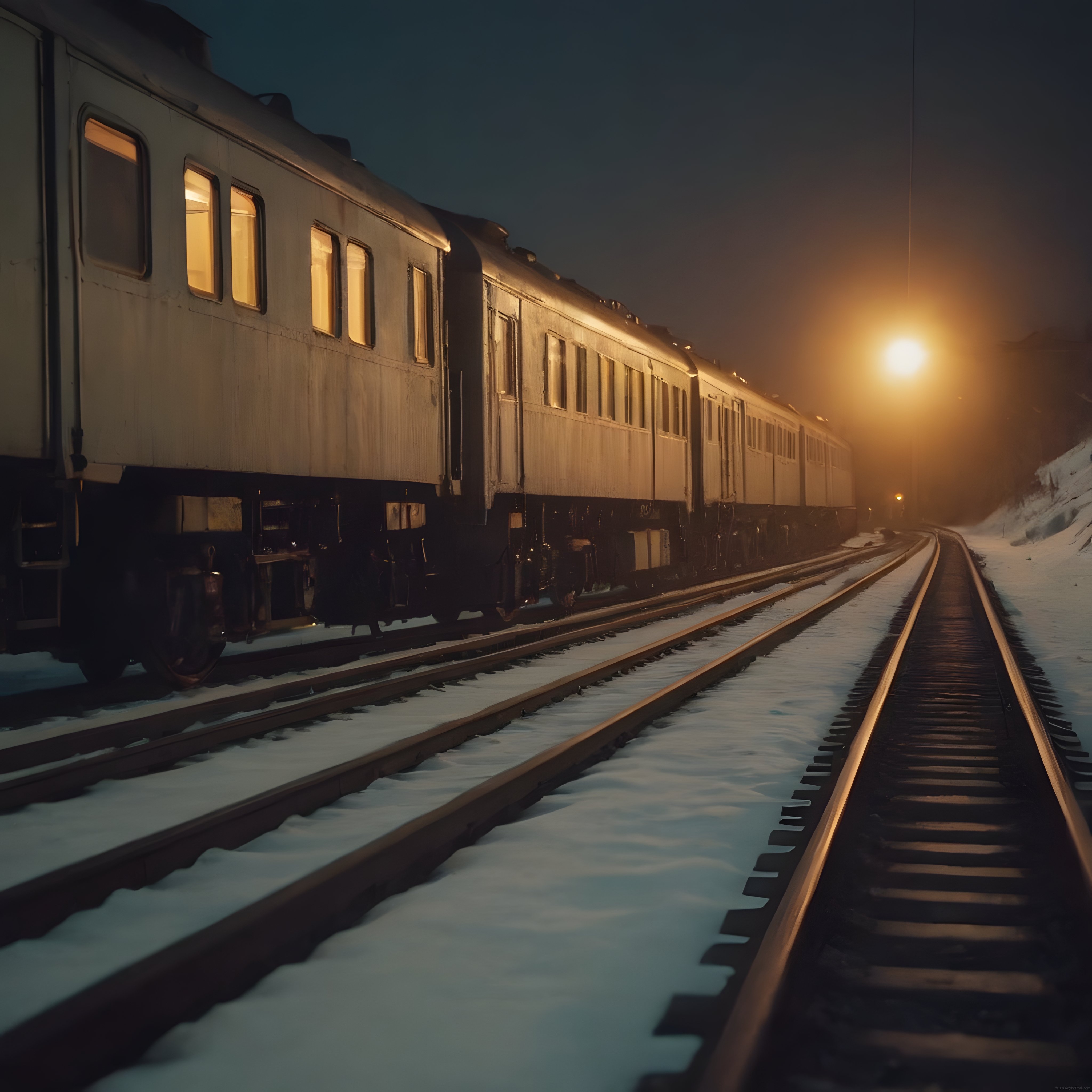 Karlı Raylarda Gece Treni: Sisli ve Loş Atmosferik Yolculuk Manzarası