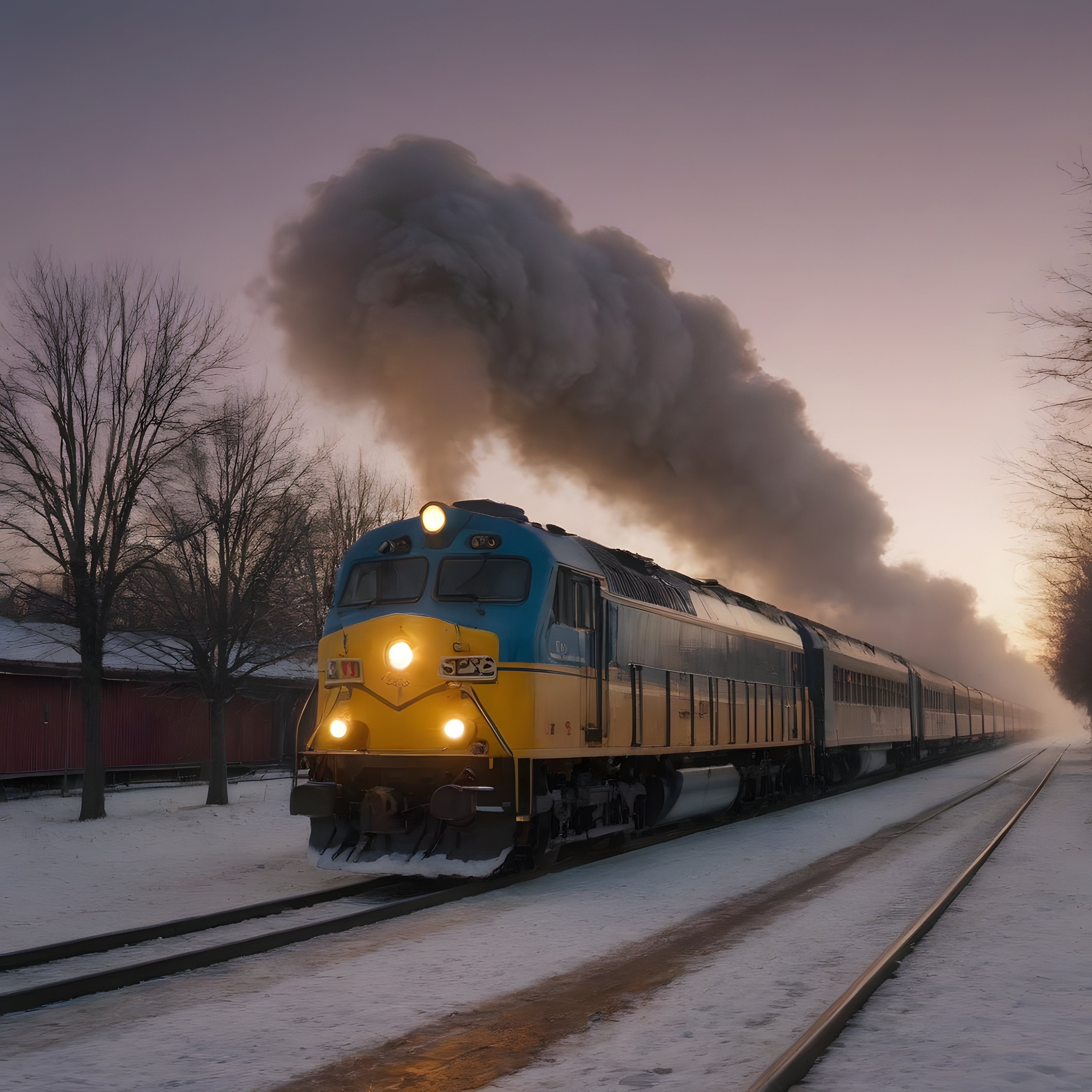 Karlı Raylarda İlerleyen Nostaljik Buharlı Tren ve Gün Doğumu Manzarası