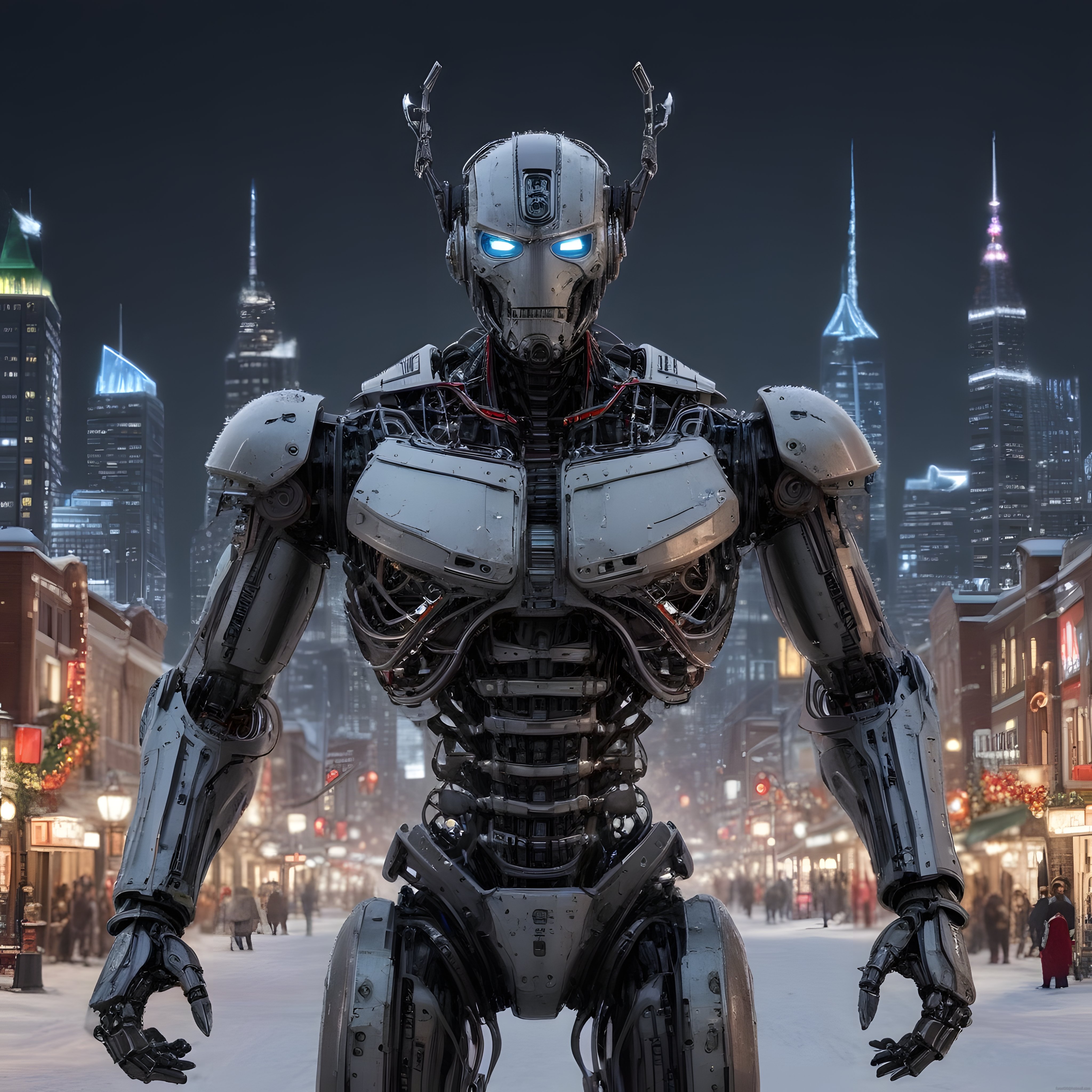 Karlı Şehir Gecesinde İnsansı Yapısıyla Dikkat Çeken Gümüş Rengi Dev Robot