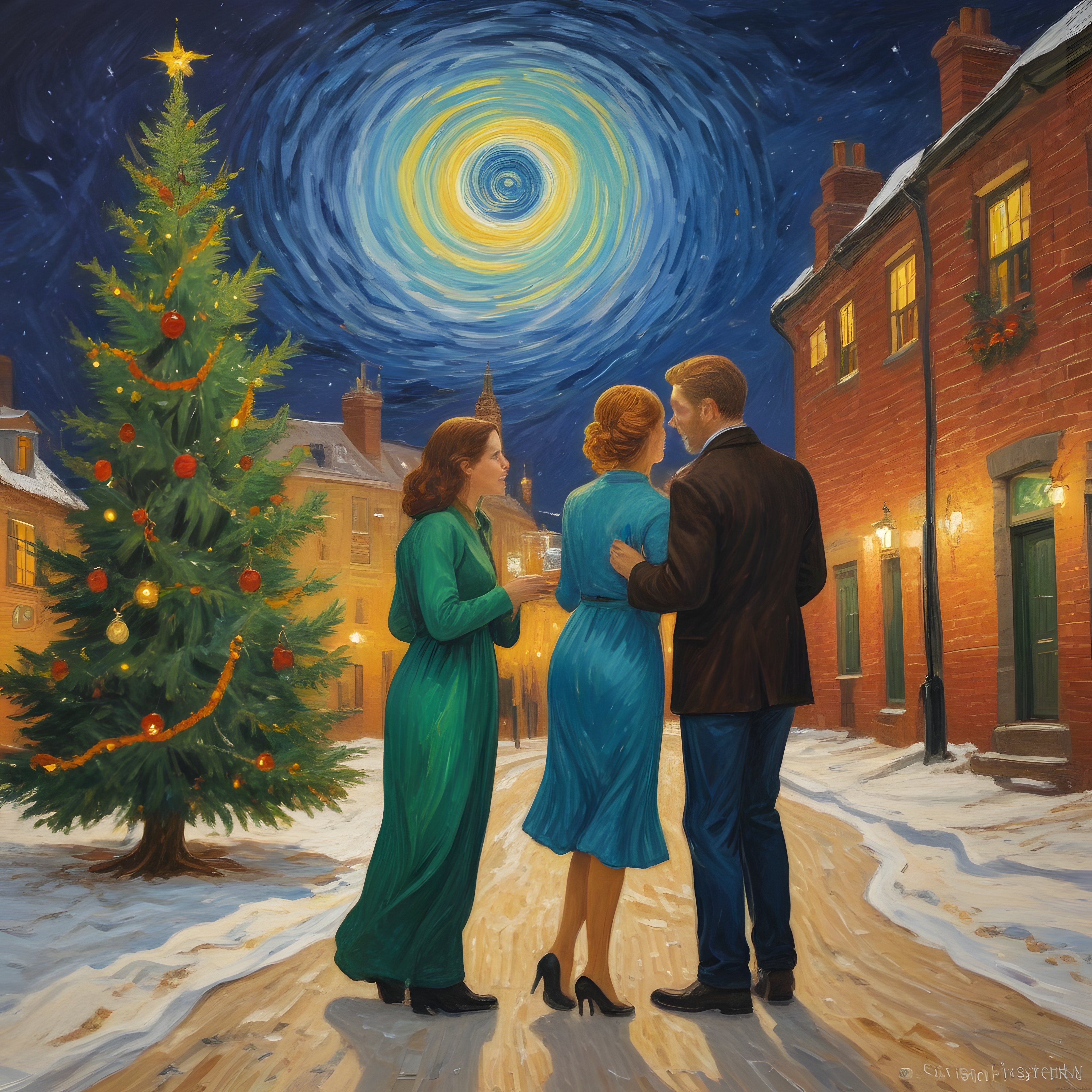 Karlı Sokakta Yıldızlı Gece ve Noel Ağacı Altında Nostaljik Sohbet