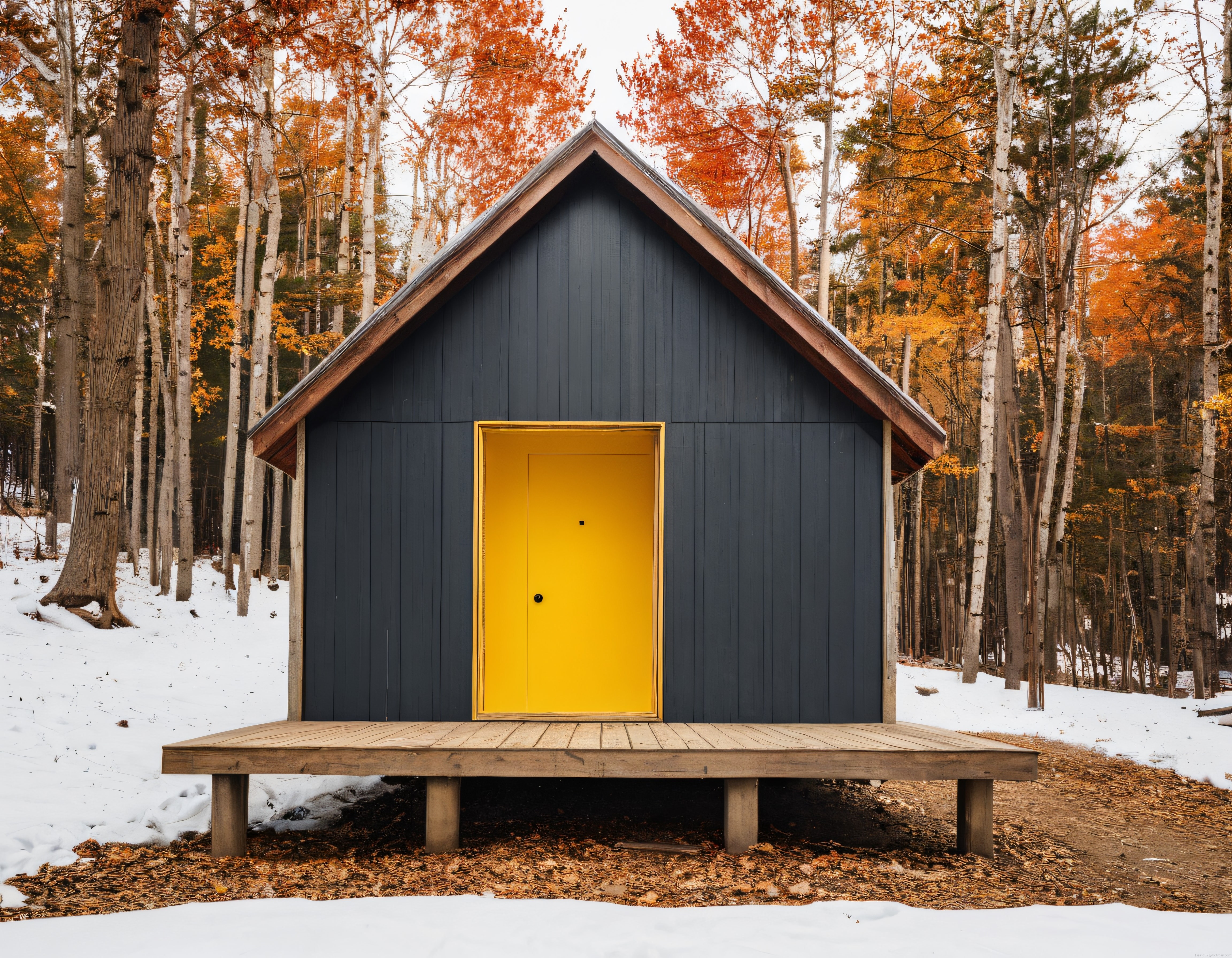 Karlı Sonbahar Ormanında Sarı Kapılı Minimalist Kulübe Manzarası Karlı Sonbahar Ormanında Sarı Kapılı Minimalist Kulübe Manzarası